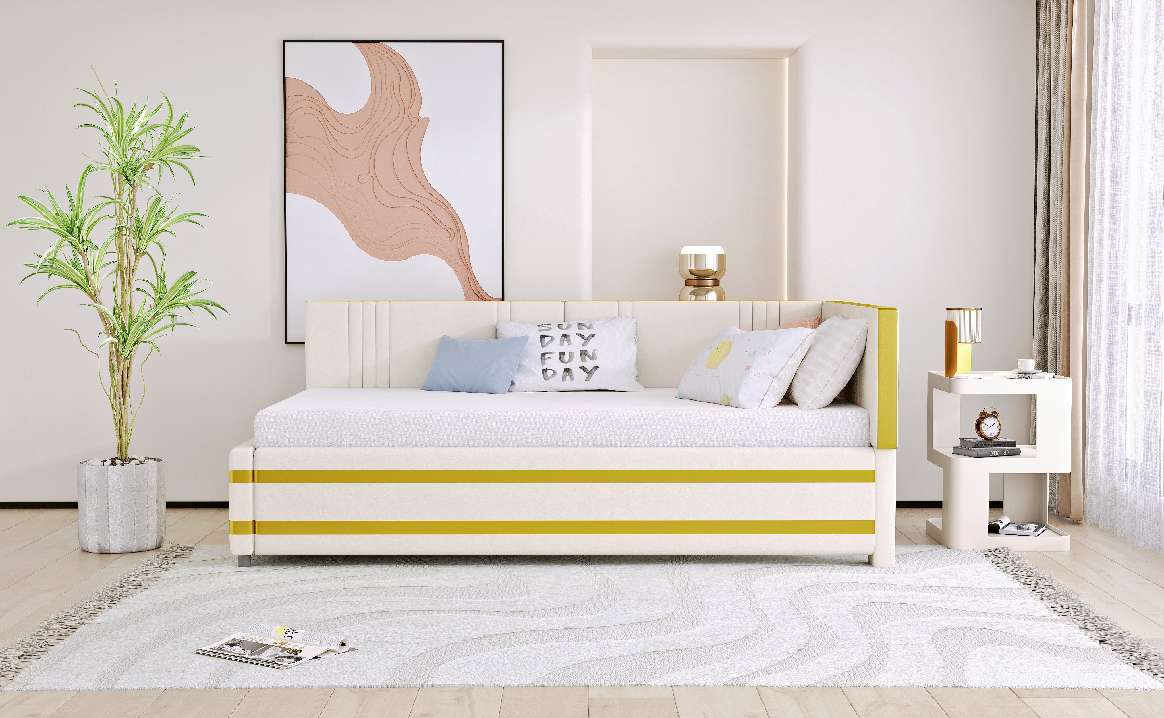 Logidon gestoffeerd bed 90x200 beige met lattenbodem multifunctioneel bed