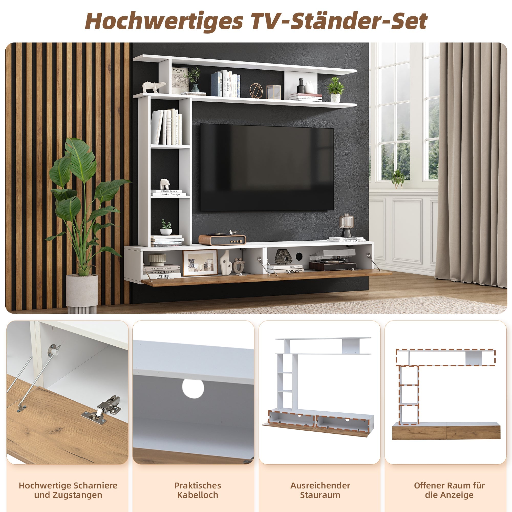 Logidon TV wandmeubel 180 cm wit houtlook met vitrinekasten