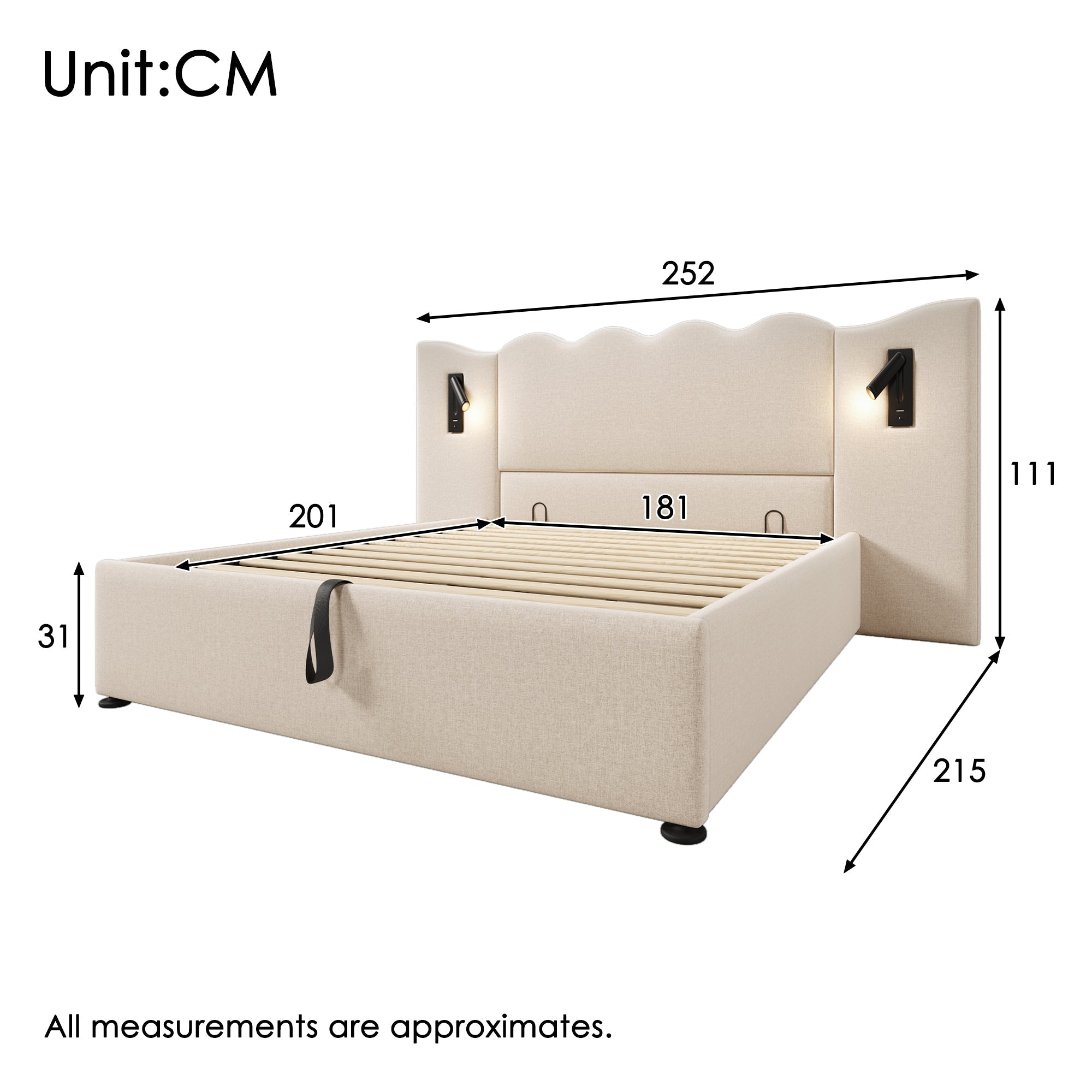 Logidon gestoffeerd bed tweepersoonsbed 180x200 leeslamp USB C beige linnen