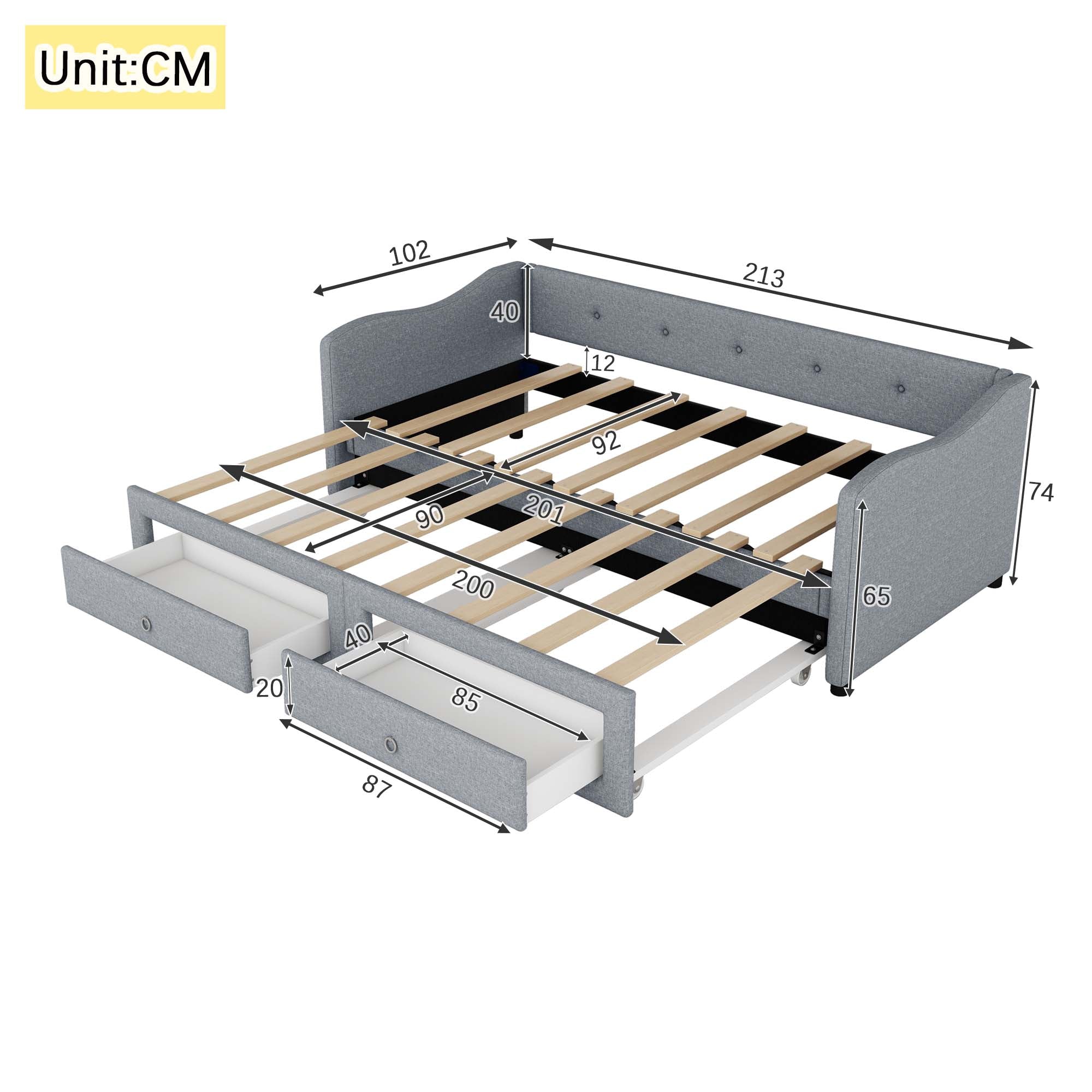Logidon dagbed 90x200 cm met uitschuifbaar bed, 2 lades grijs