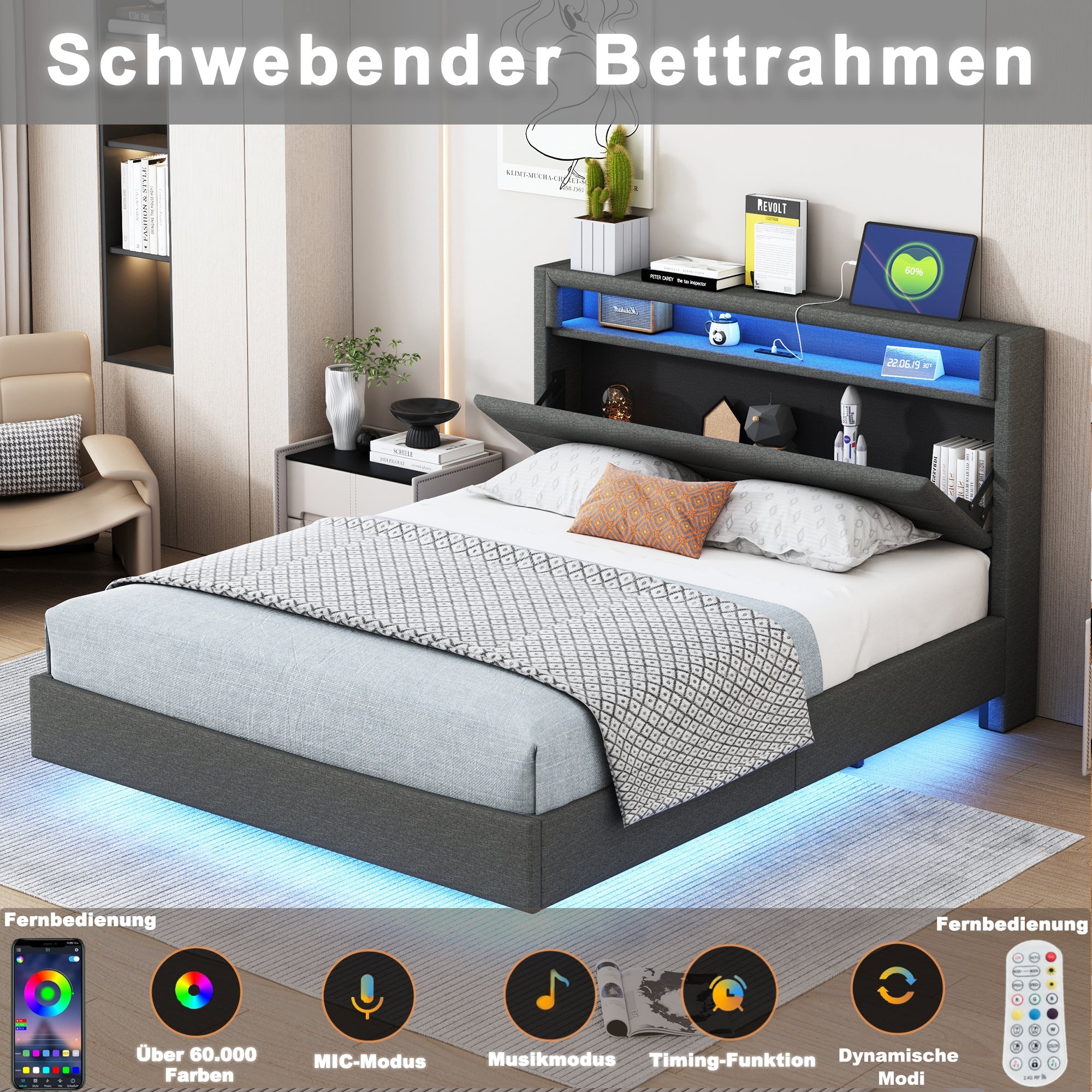Logidon bed 140x200 cm grijs USB-aansluiting LED omkeerbaar hoofdeinde