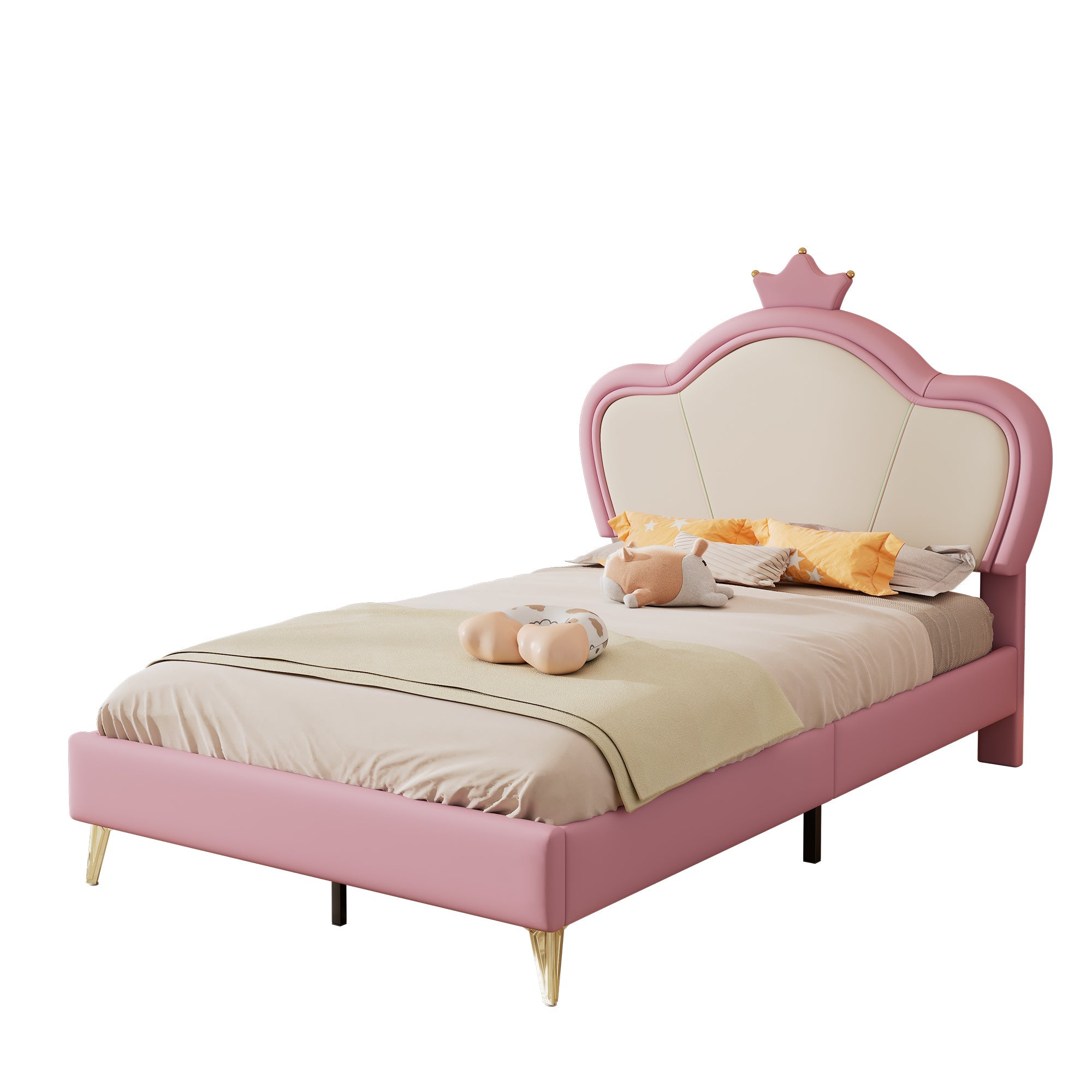 Logidon gestoffeerd bed kinderbed 90x200cm roze wit met kroonhoofdbord