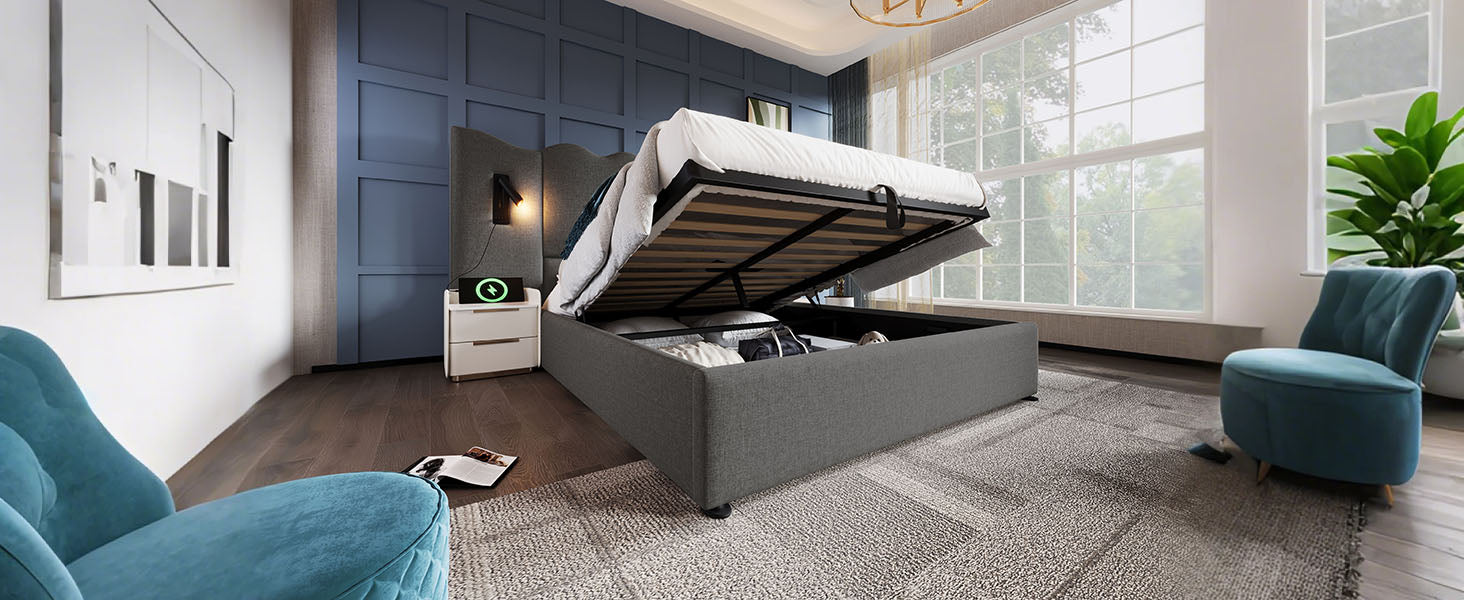 Logidon gestoffeerd bed 160x200 grijs linnen met USB Type C oplaadfunctie