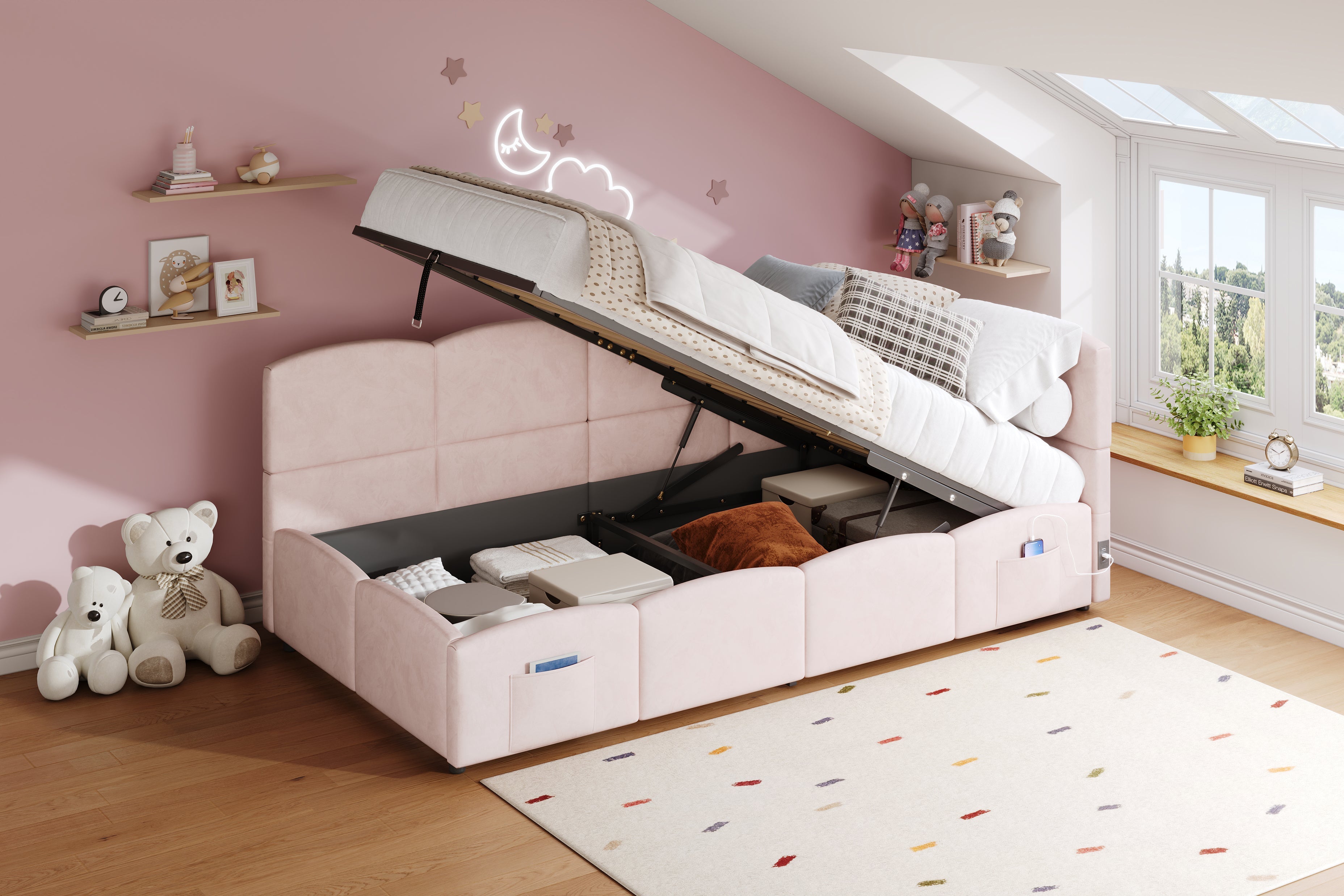 Logidon fluweel gestoffeerd bed roze 90x200 met lattenbodem en opbergruimte