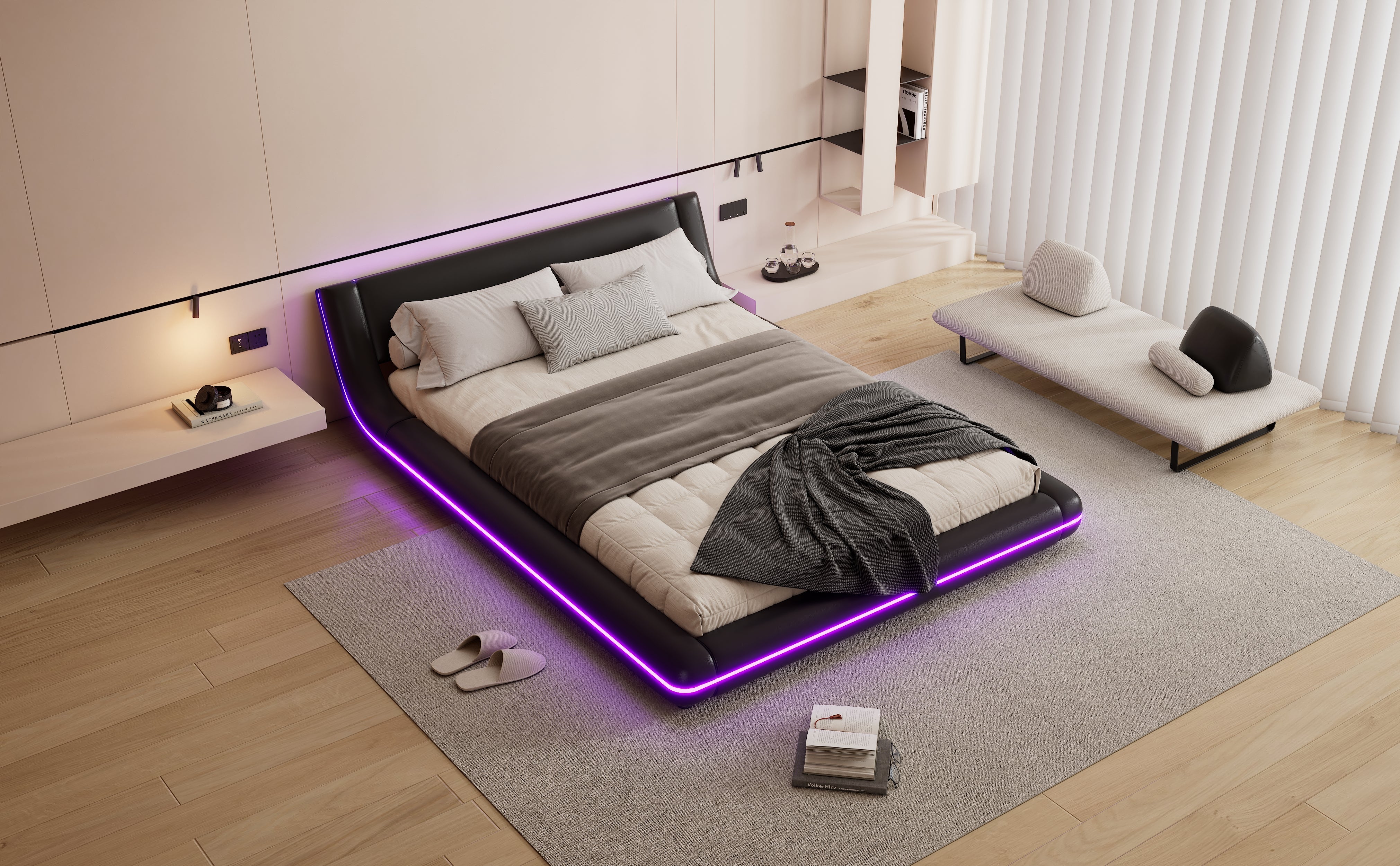 Logidon flat bed 140x200 cm faux leather black LED lighting