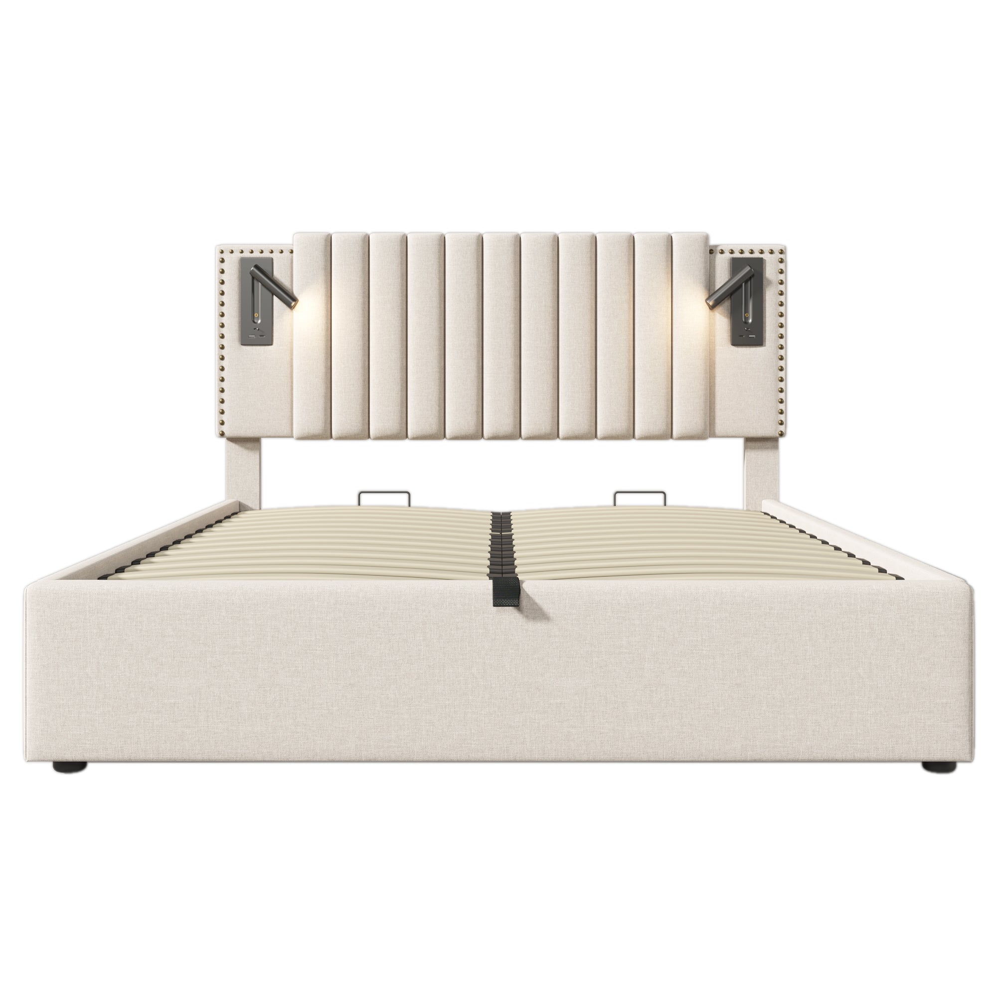 Logidon gestoffeerd bed 160x200 beige met opbergruimte en USB-leeslamp