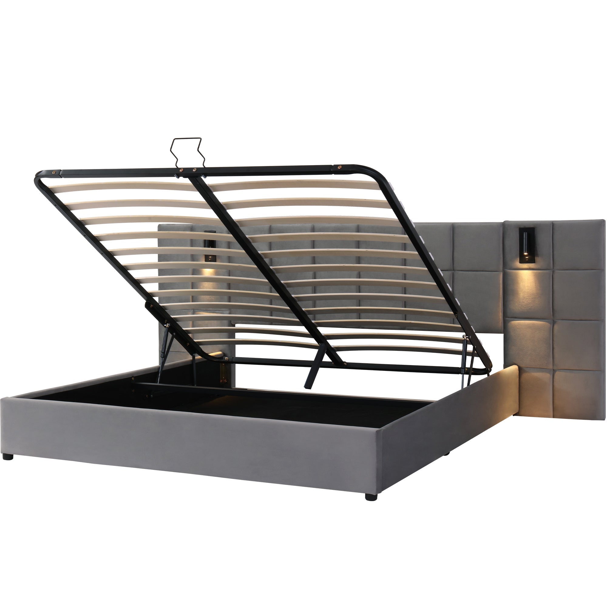 Logidon upholstered bed 160x200 cm gray velvet with storage space reading lamp USB