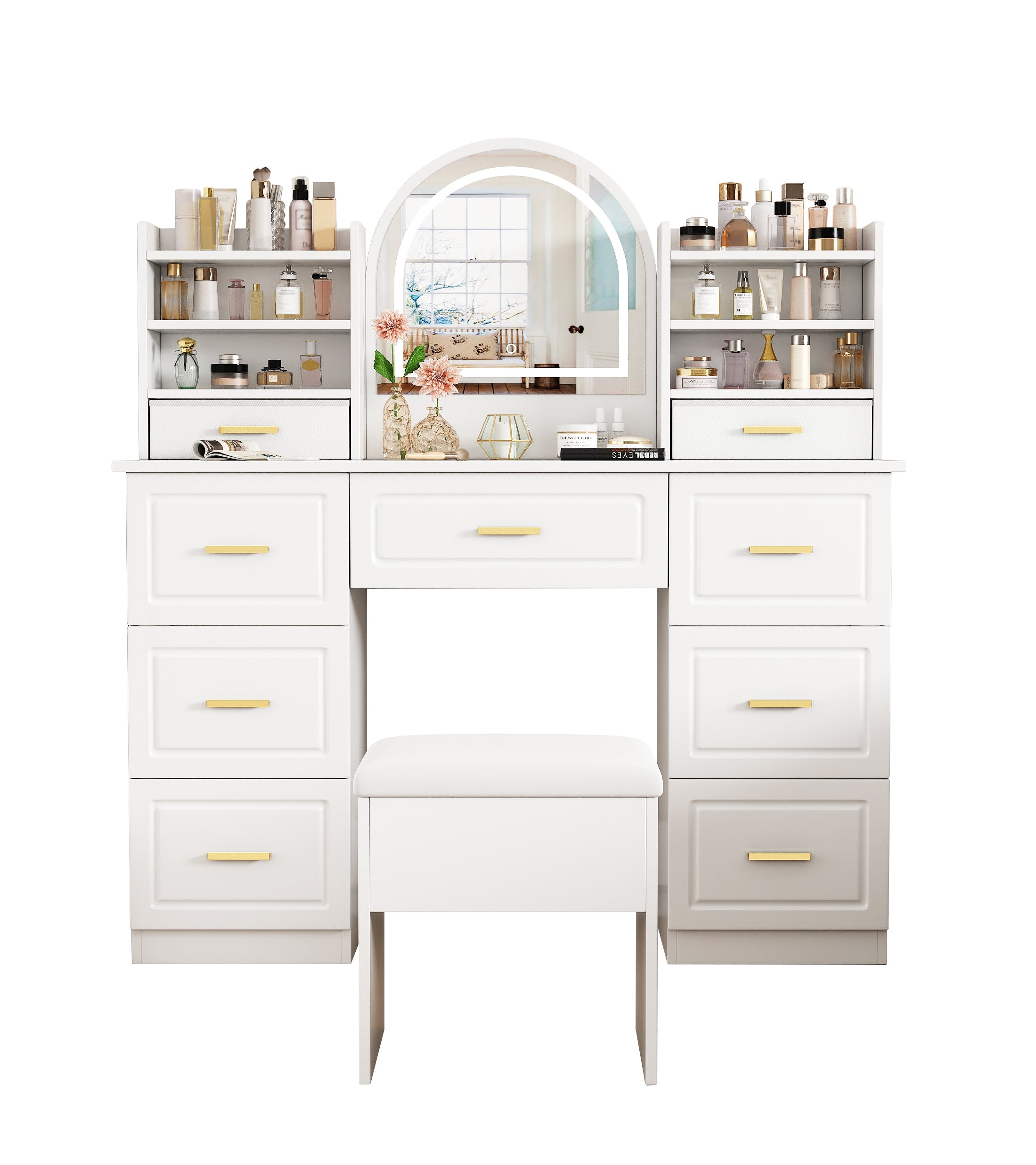 Logidon kaptafel met spiegel en LED-verlichting 9 lades wit 120x40x135