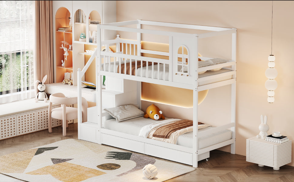 Logidon stapelbed 90x200 cm wit massief houten huisvorm met lades