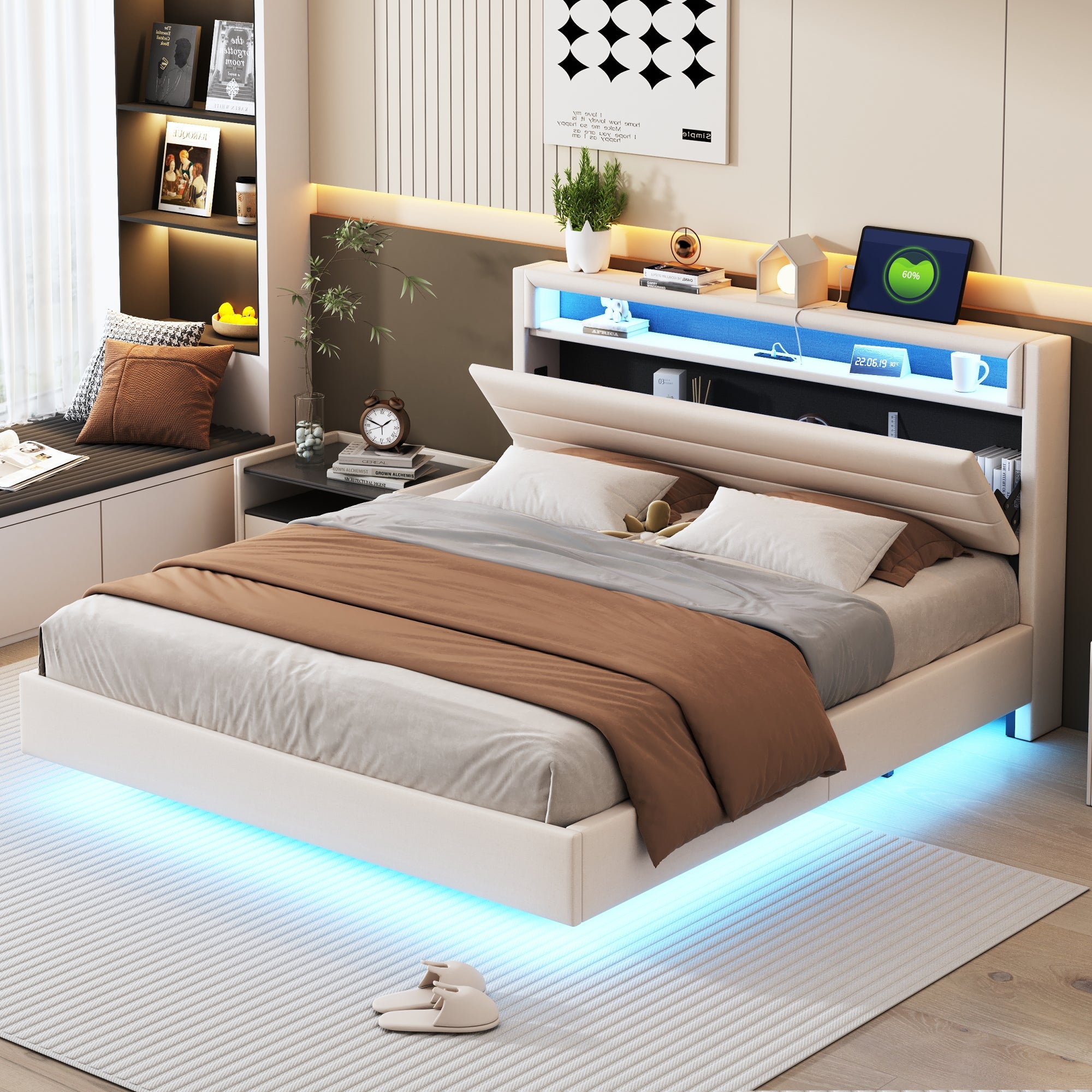 Logidon gestoffeerd bed 160x200 beige met USB-aansluiting en LED-verlichting