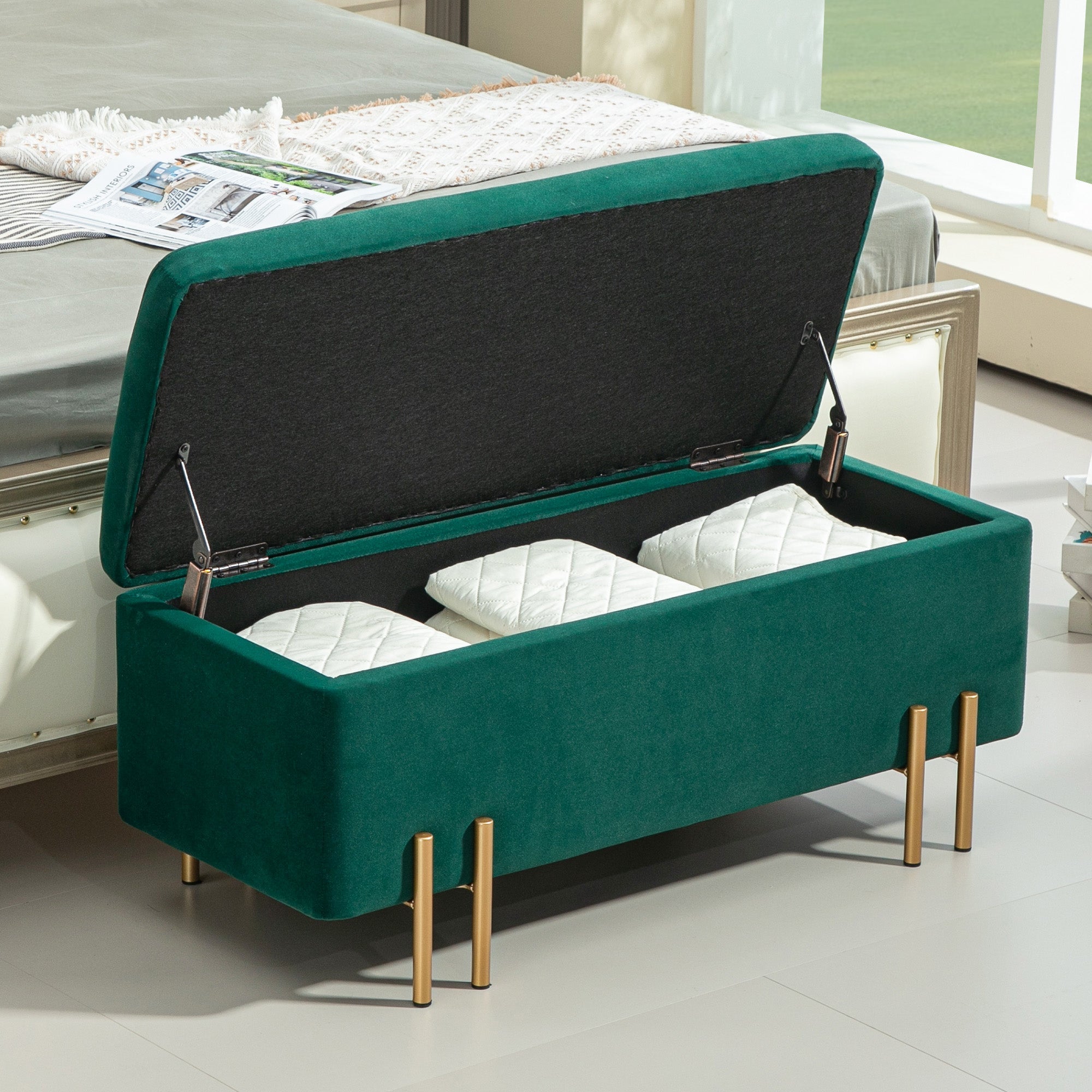 Logidon bank met opbergruimte groen gestoffeerde bank 100x40x42 cm