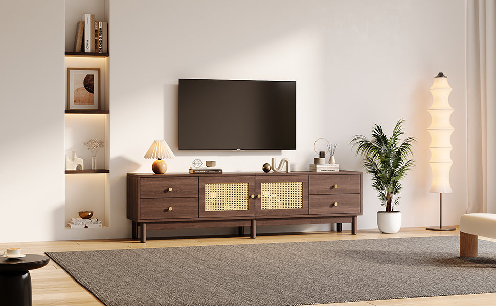 Logidon TV cabinet 180 cm dark wood look rattan doors cable management