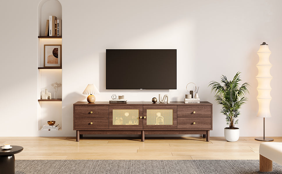 Logidon TV cabinet 180 cm dark wood look rattan doors cable management