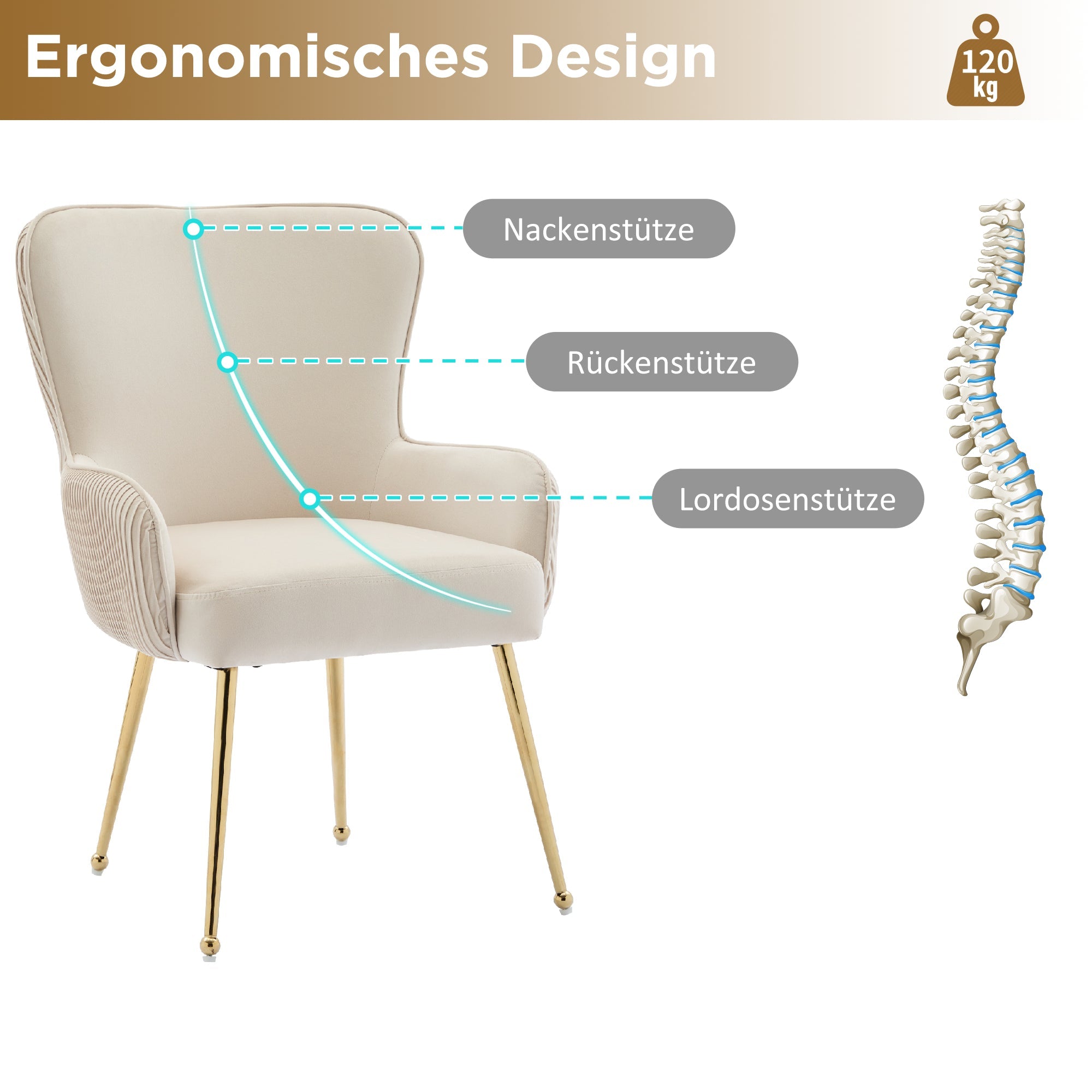 Logidon fluwelen eetkamerstoelen set van 4 beige met goudkleurige metalen poten