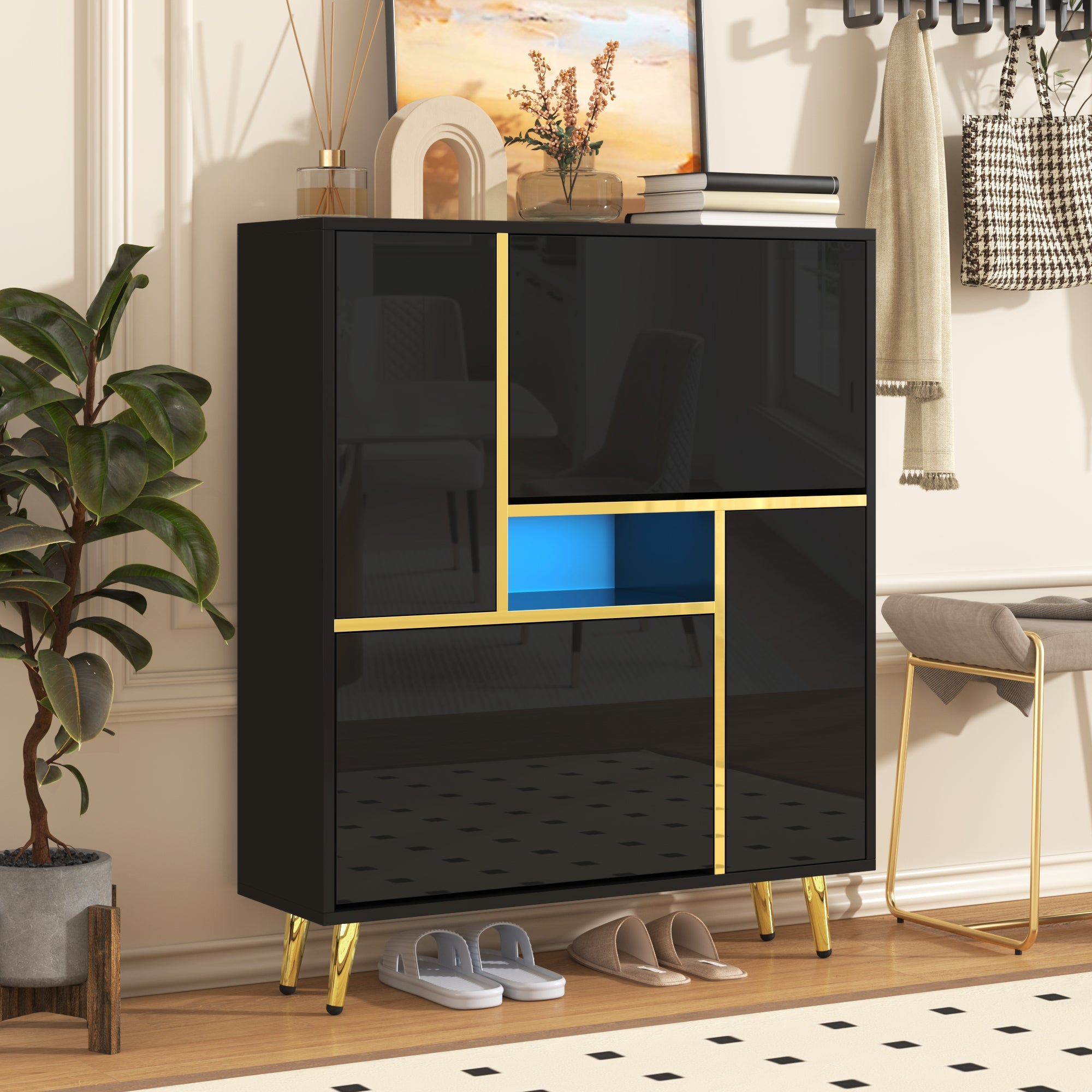 Logidon Moderne Schoenenkast Zwart Hoogglans LED 80x25x96 cm