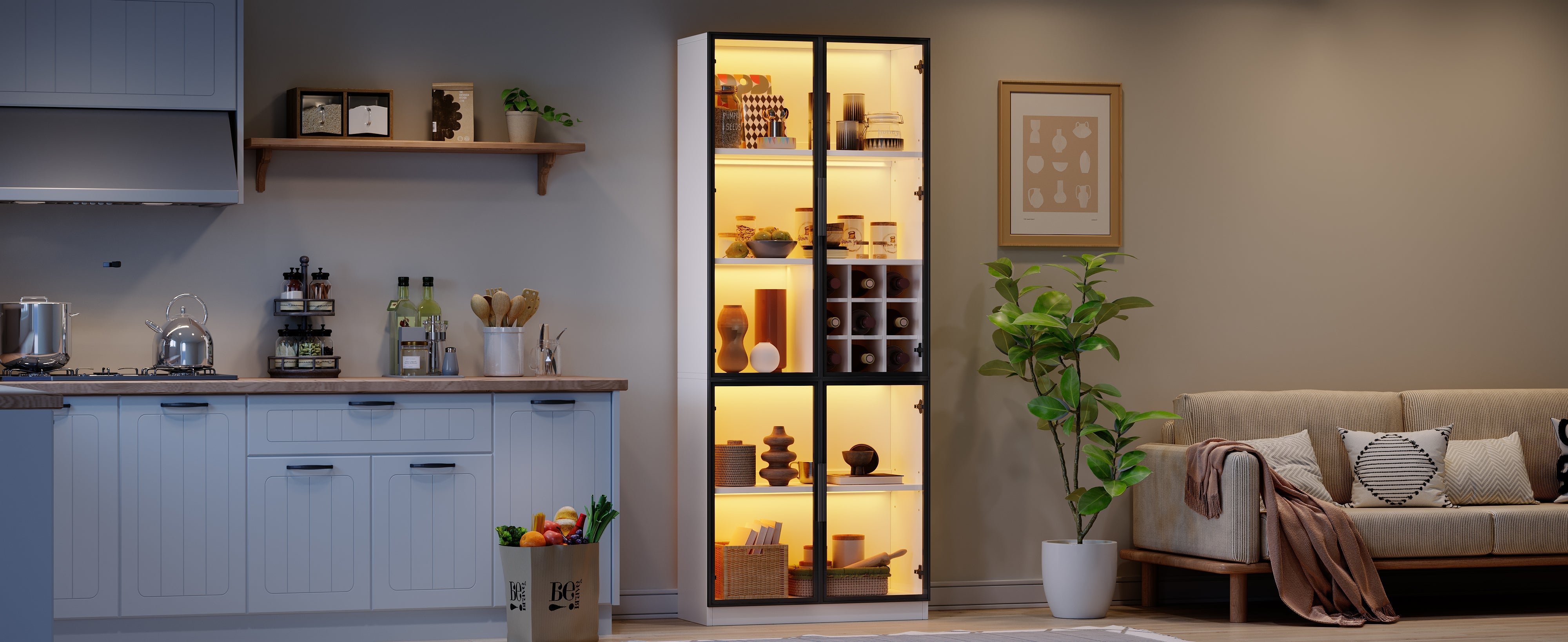 Logidon showcase 80x35x200 white glass doors LED lighting wine rack