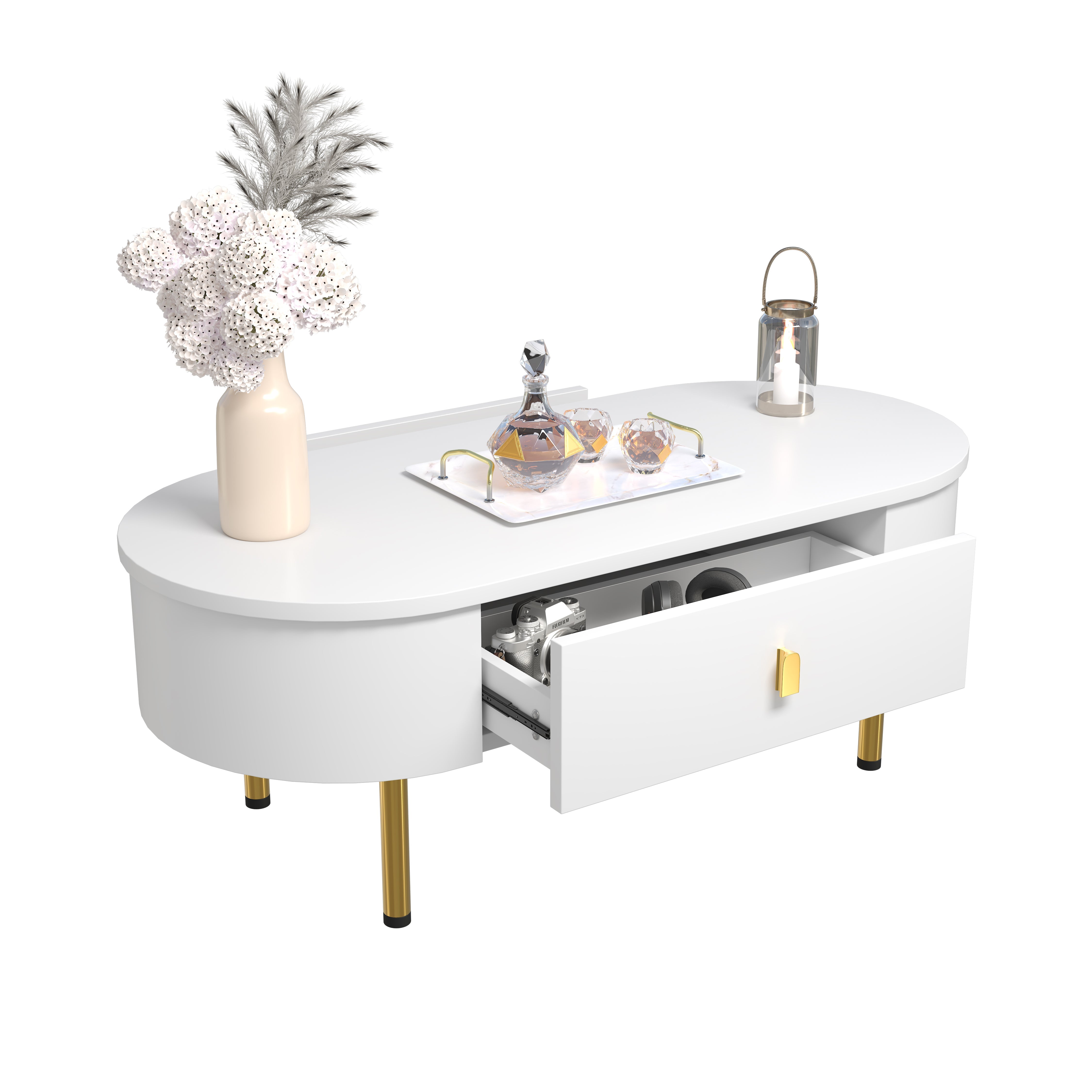 Logidon White Coffee Table With Two Drawers And Gold Handles