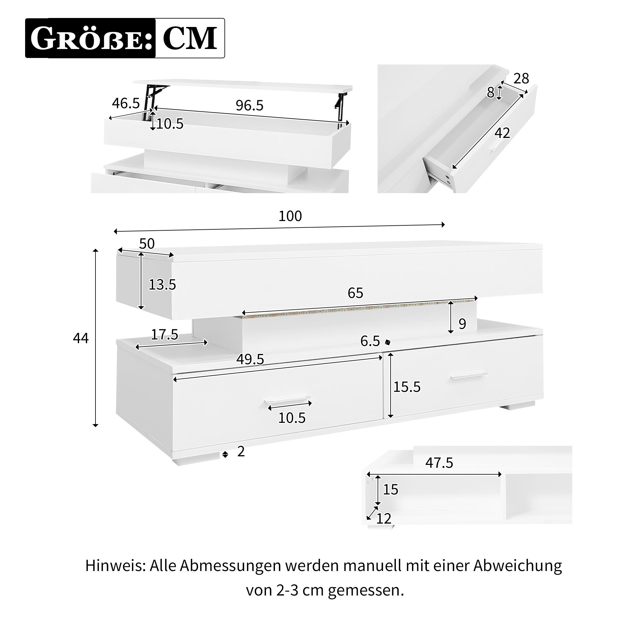 Logidon Hydraulisch in hoogte verstelbare salontafel 100x50x44 cm Wit LED