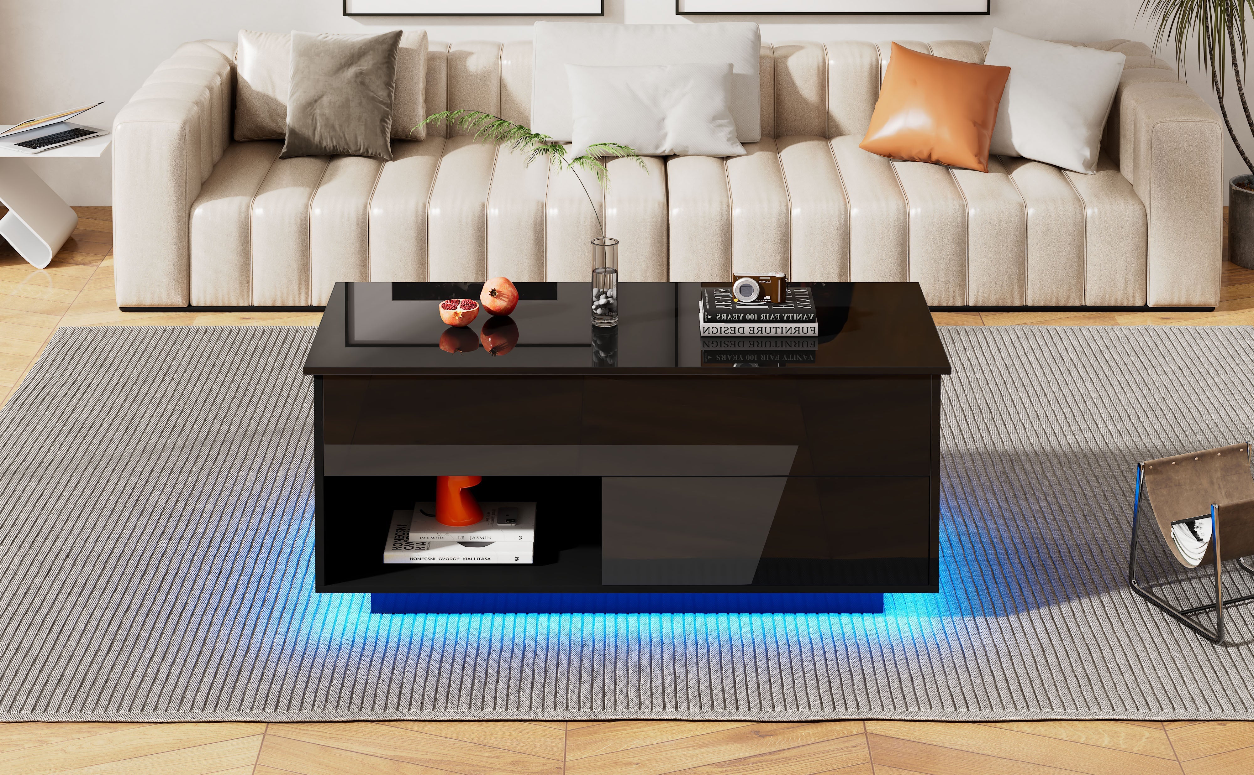 Logidon hoogglans salontafel 100x50x55 cm zwart LED-verlichting