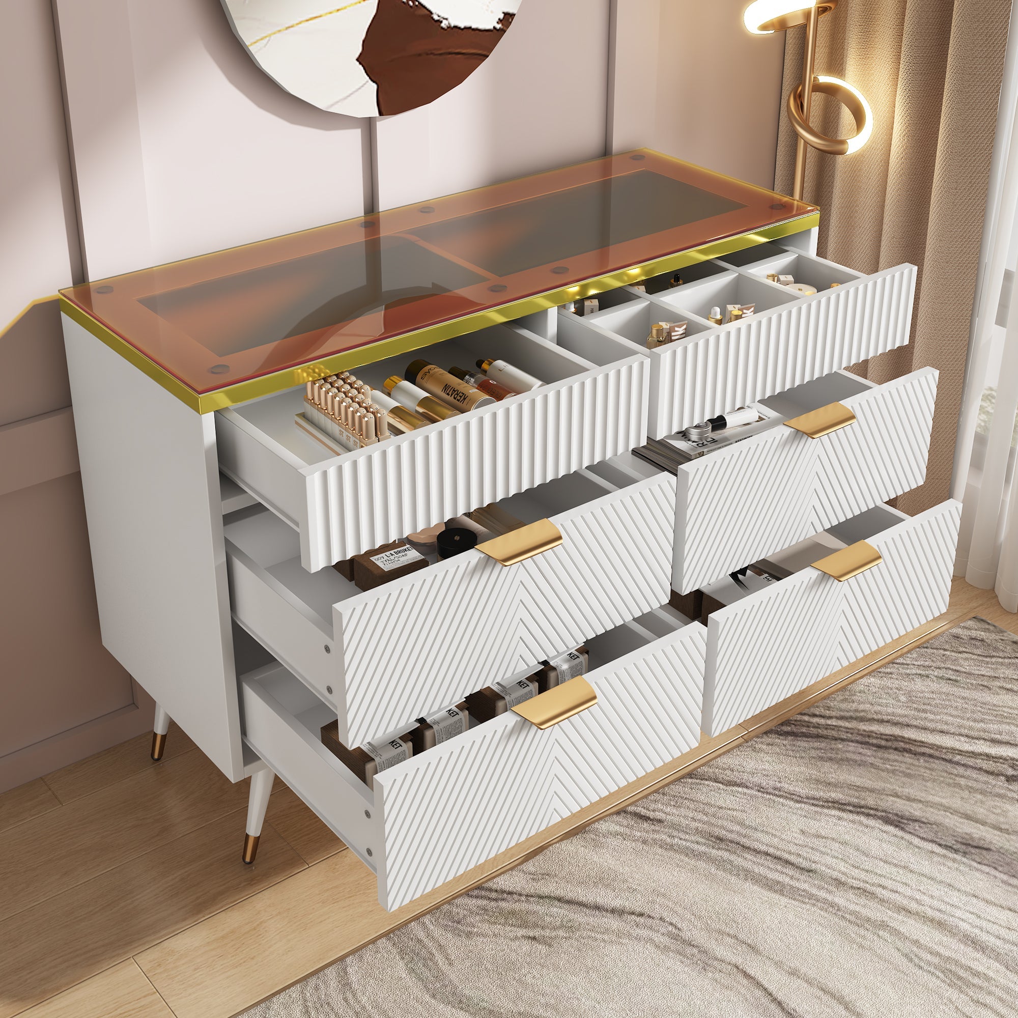 Logidon ladekast amber glazen dressoir 6 lades 120x40x76 wit