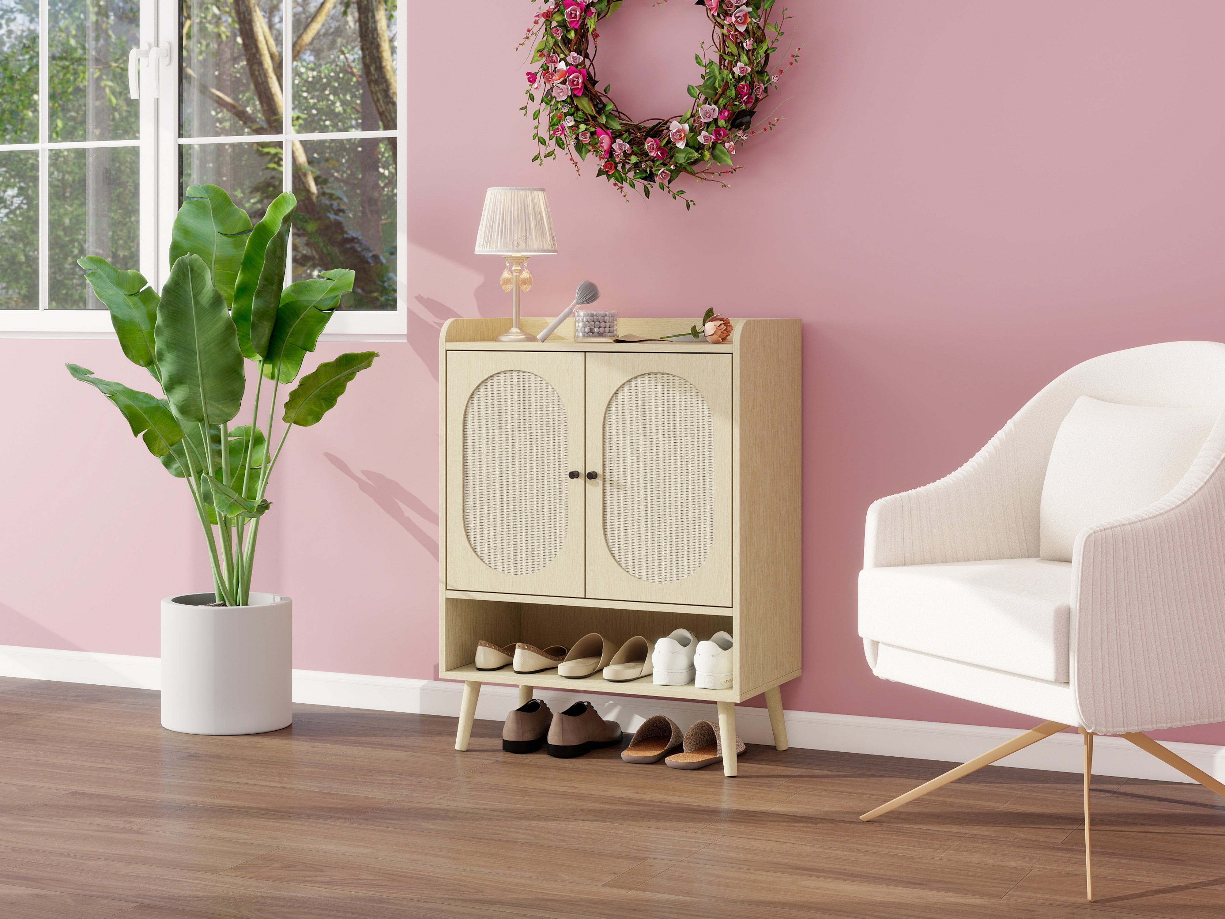 Logidon schoenenkast naturel houtlook met dubbele deuren Rotan design