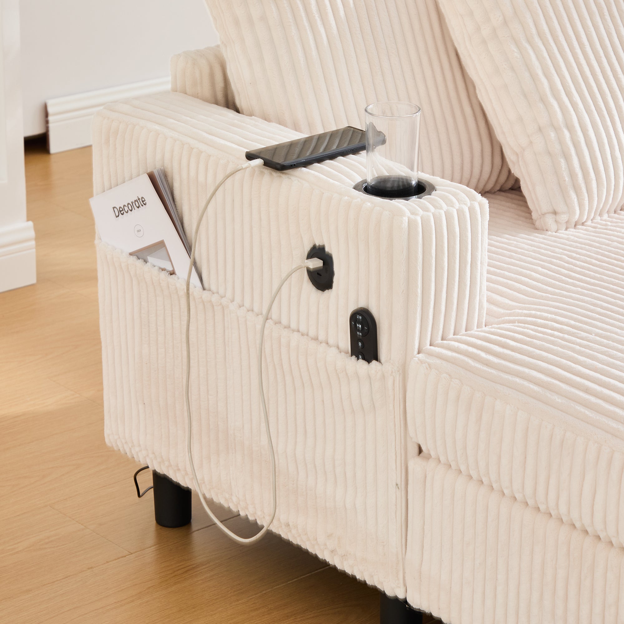 Logidon Chaise Longue Ligstoel Beige Fluweel Met USB LED-verlichting