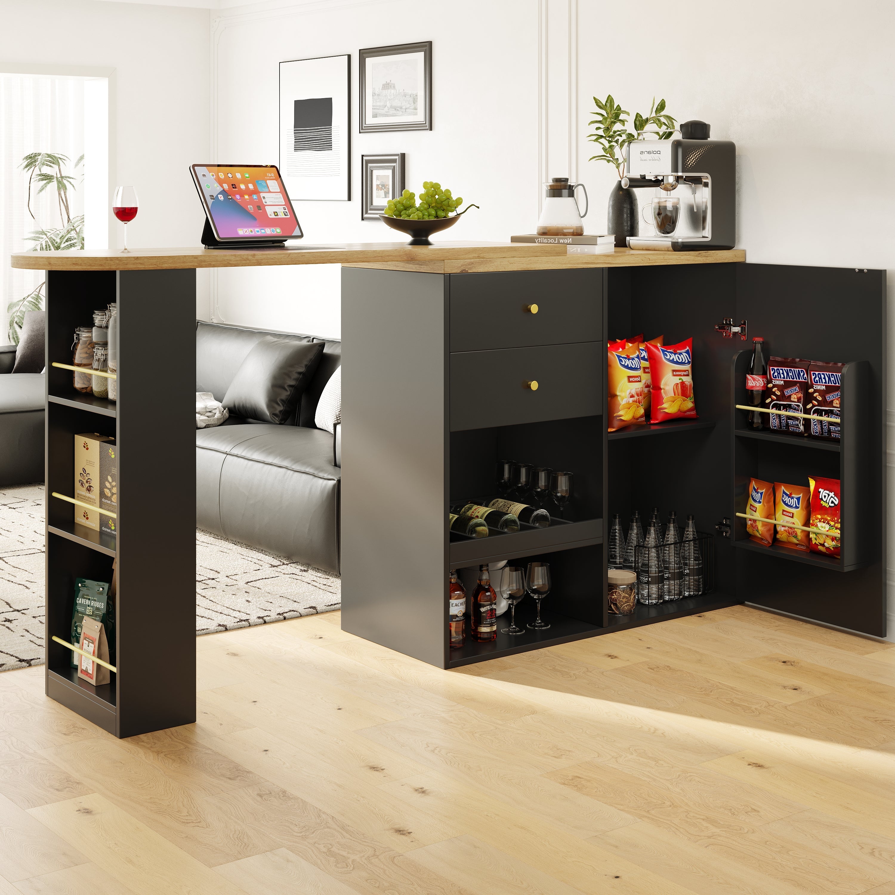 Logidon 360° draaibare bartafel 138 cm zwart met 2 lades