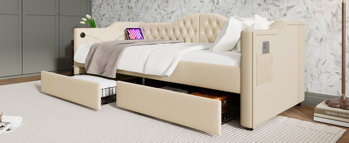 Logidon gestoffeerde slaapbank 90x200 beige USB-oplaadfunctie 2 compartimenten
