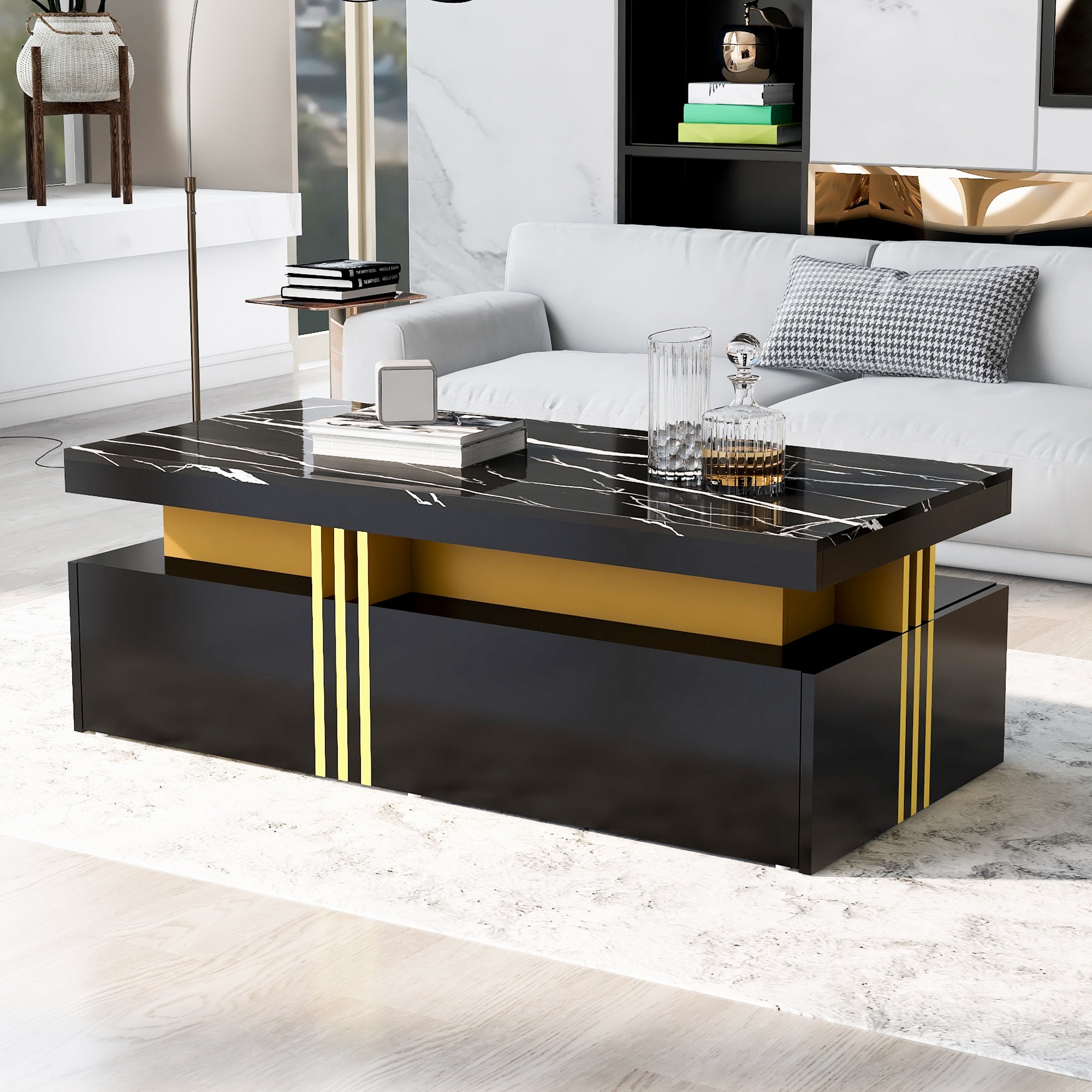 Logidon Zwarte tv-wandmeubelset 2 tv-kast salontafel marmerlook