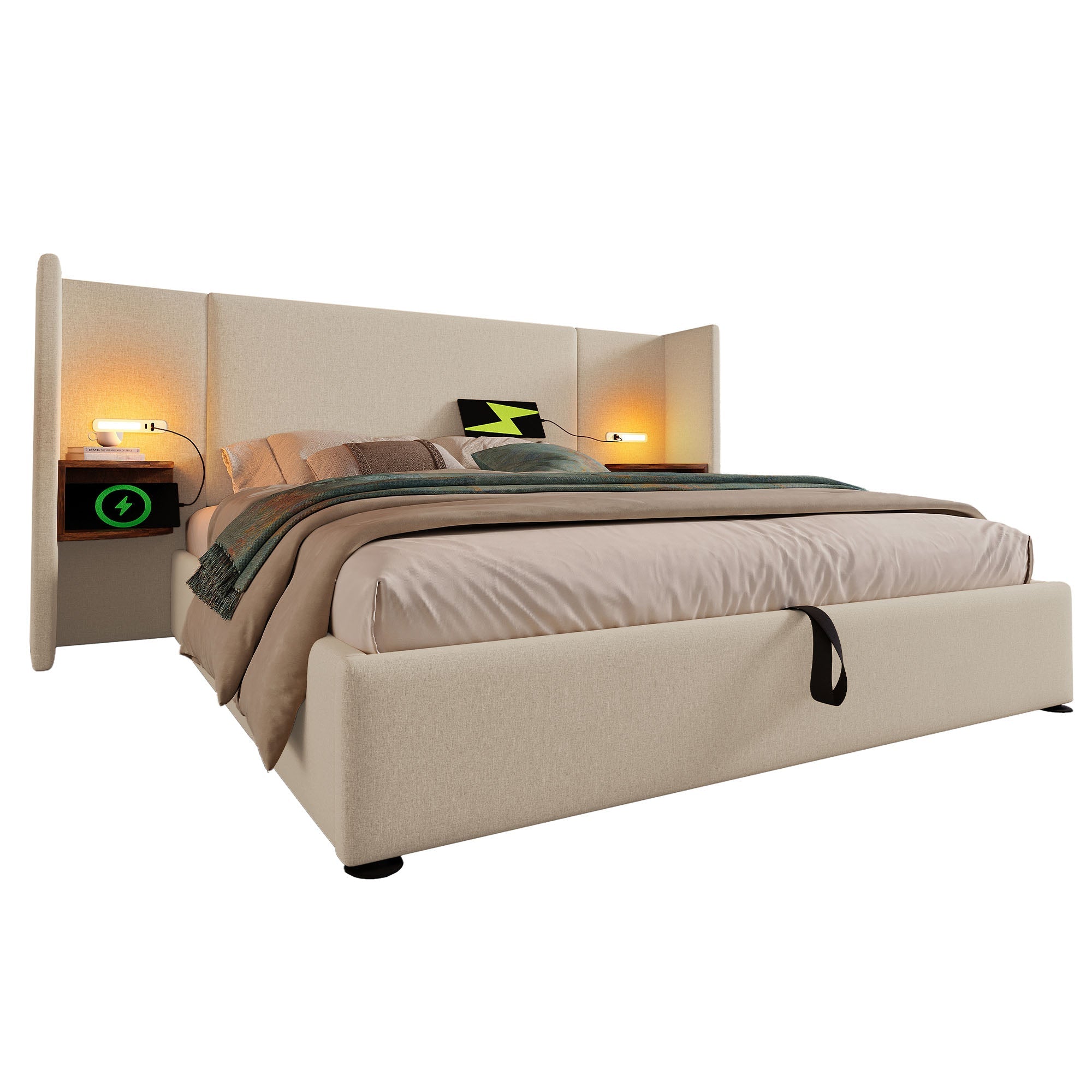 Logidon upholstered bed 160x200 double bed beige linen with storage space