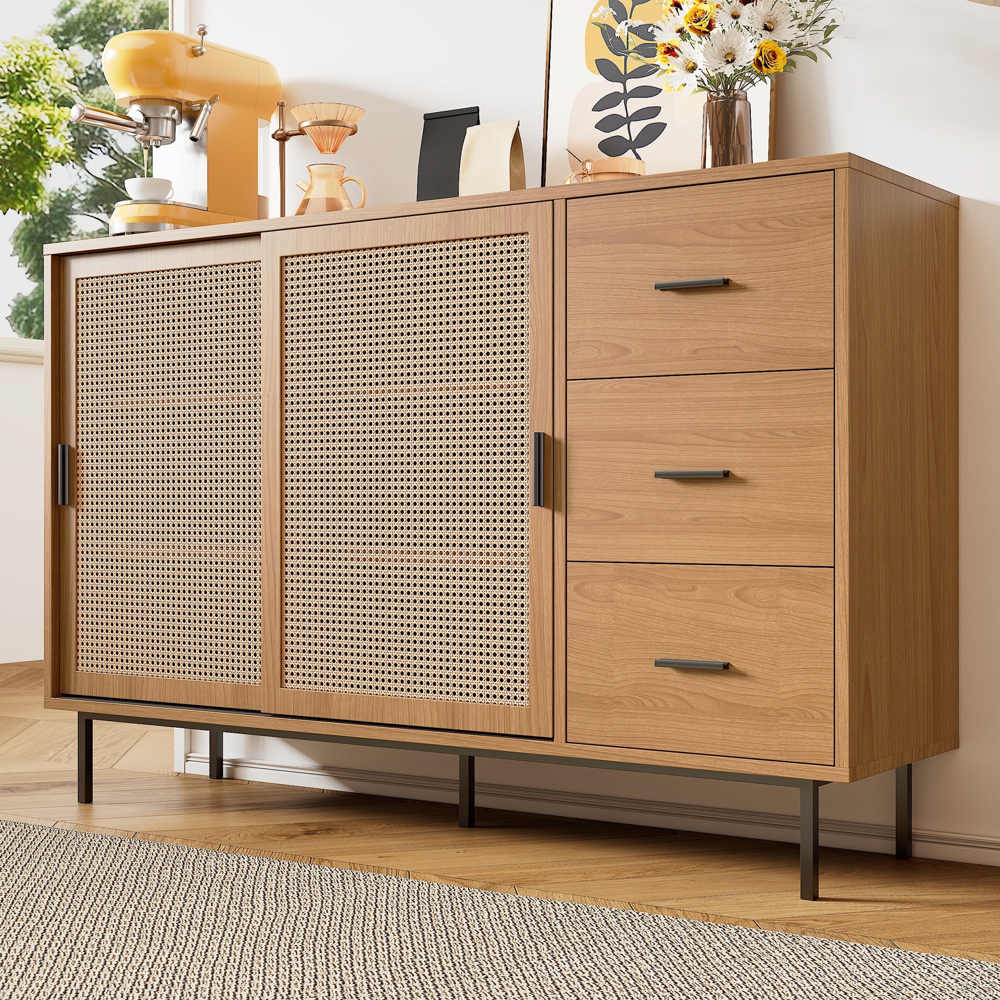 Logidon dressoir naturel 140x37x91cm met 2 schuifdeuren en 3 lades