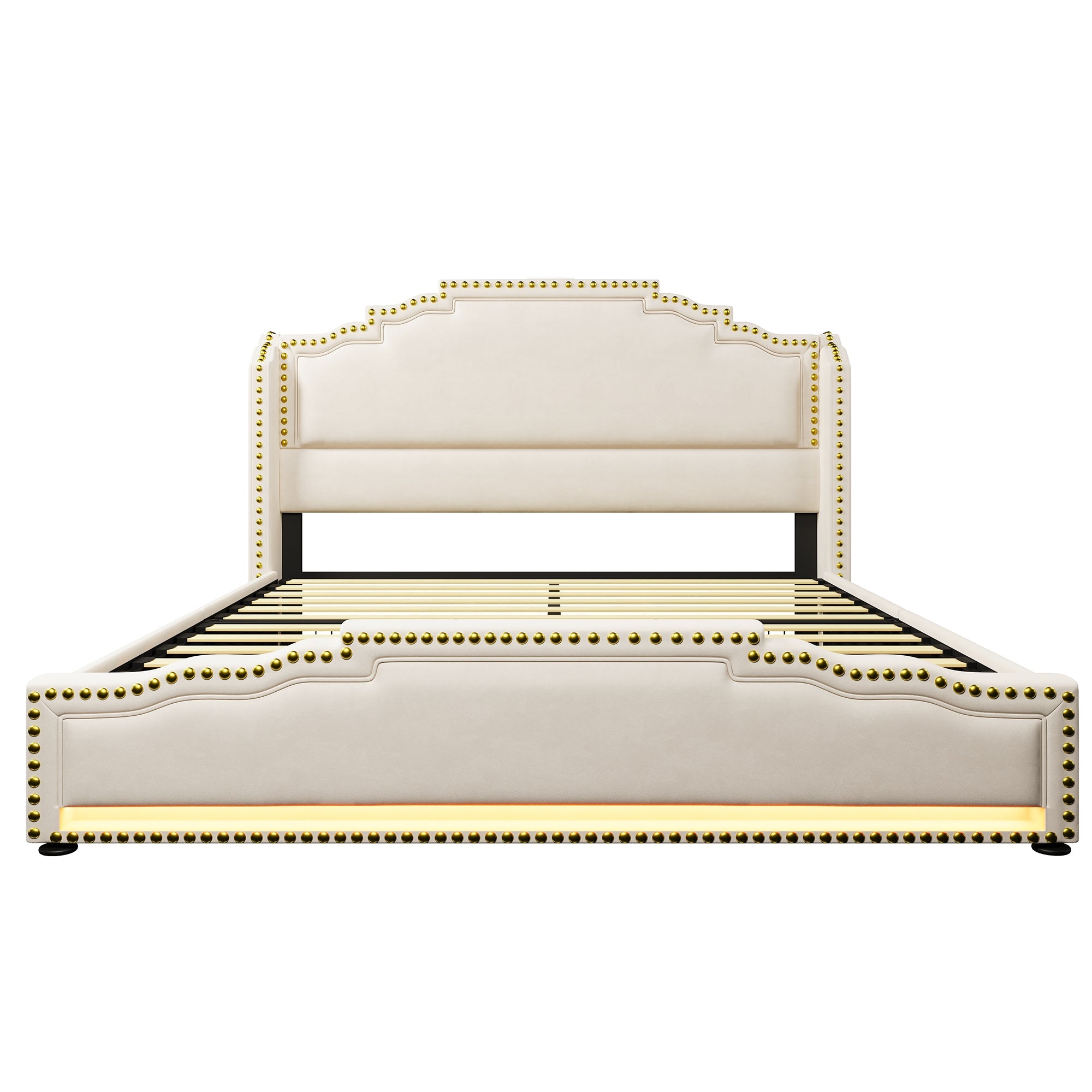 Logidon gestoffeerd bed 140x200 beige LED USB C 4 lades met matras