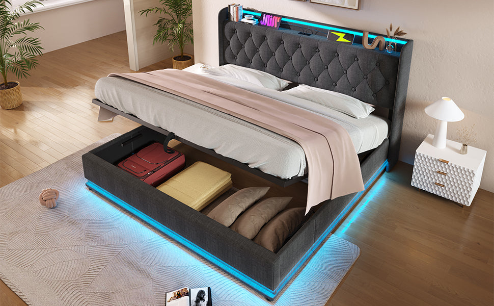 Logidon gestoffeerd bed tweepersoonsbed 180x200 cm grijs linnen LED-verlichting USB C