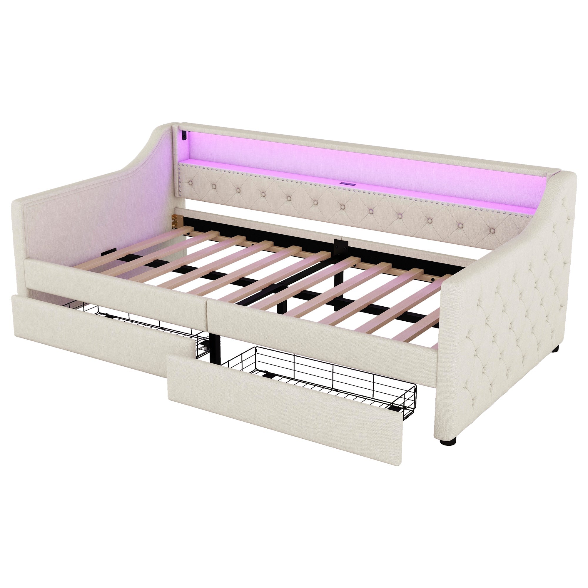 Logidon Daybed 90x200 beige slaapbank met lattenbodem USB-oplaadaansluiting