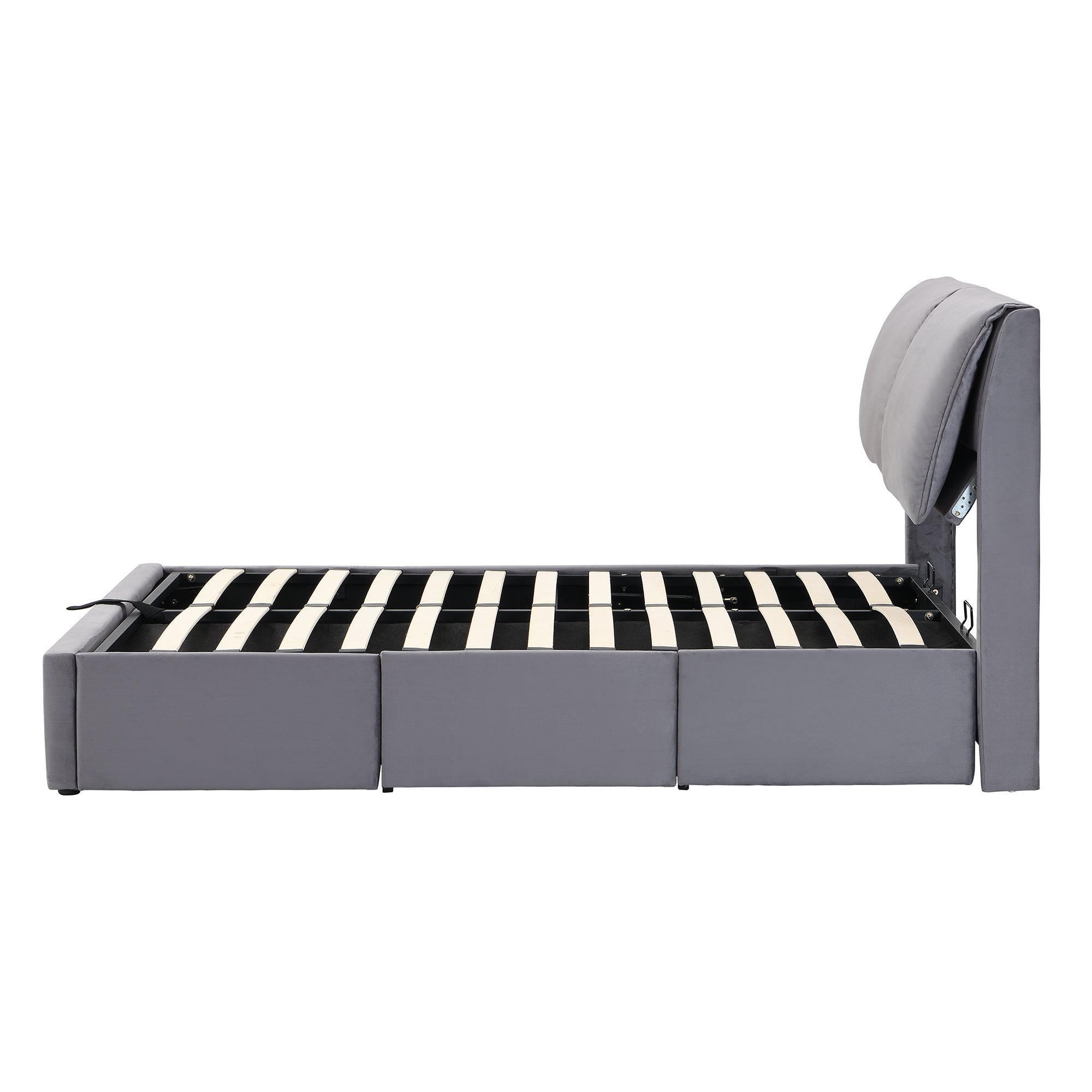 Logidon gestoffeerd bed 140x200 grijs fluweel hydraulisch met drie lades hoofdeinde