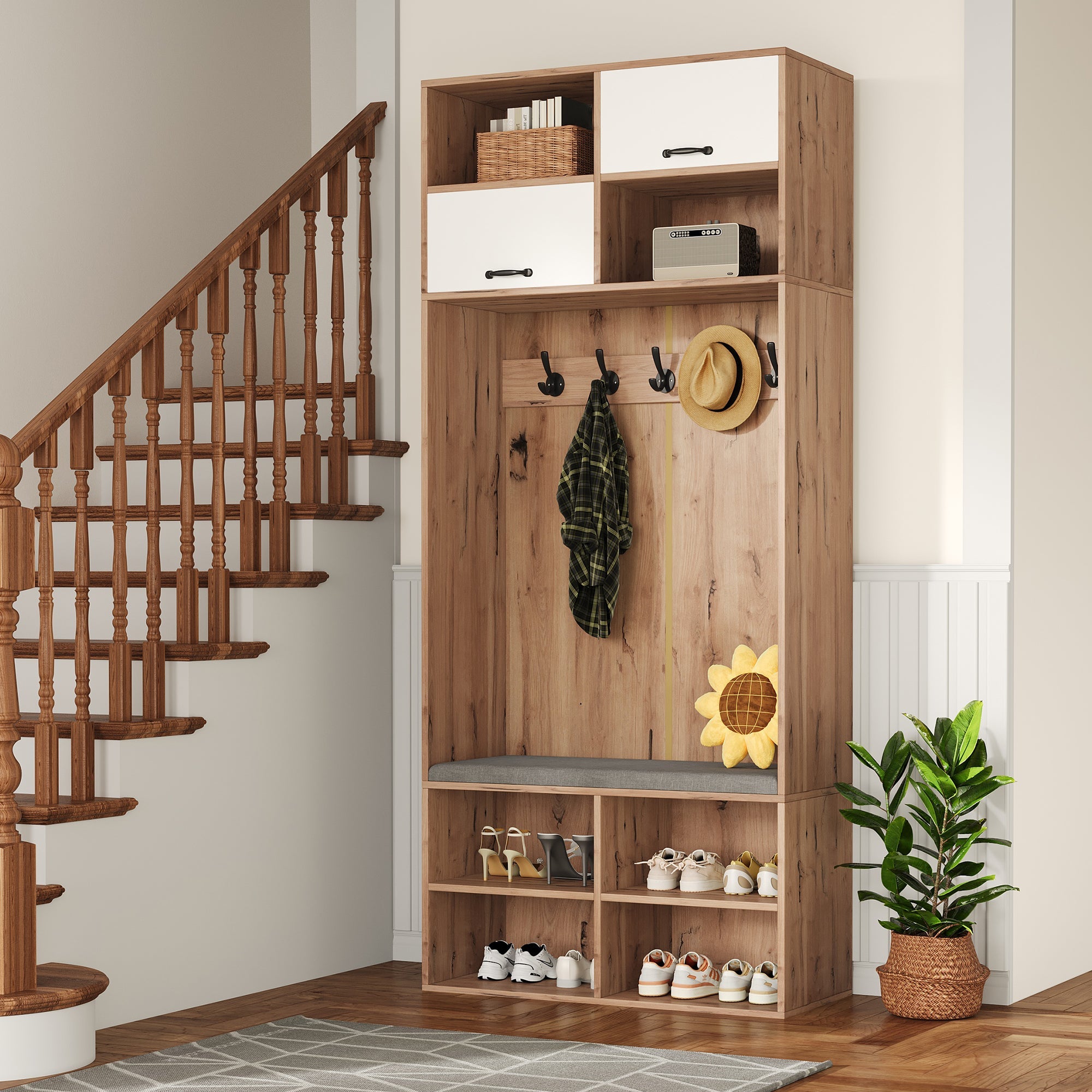 Logidon garderobekast met bank en 5 haken naturel wit 80x35x185cm