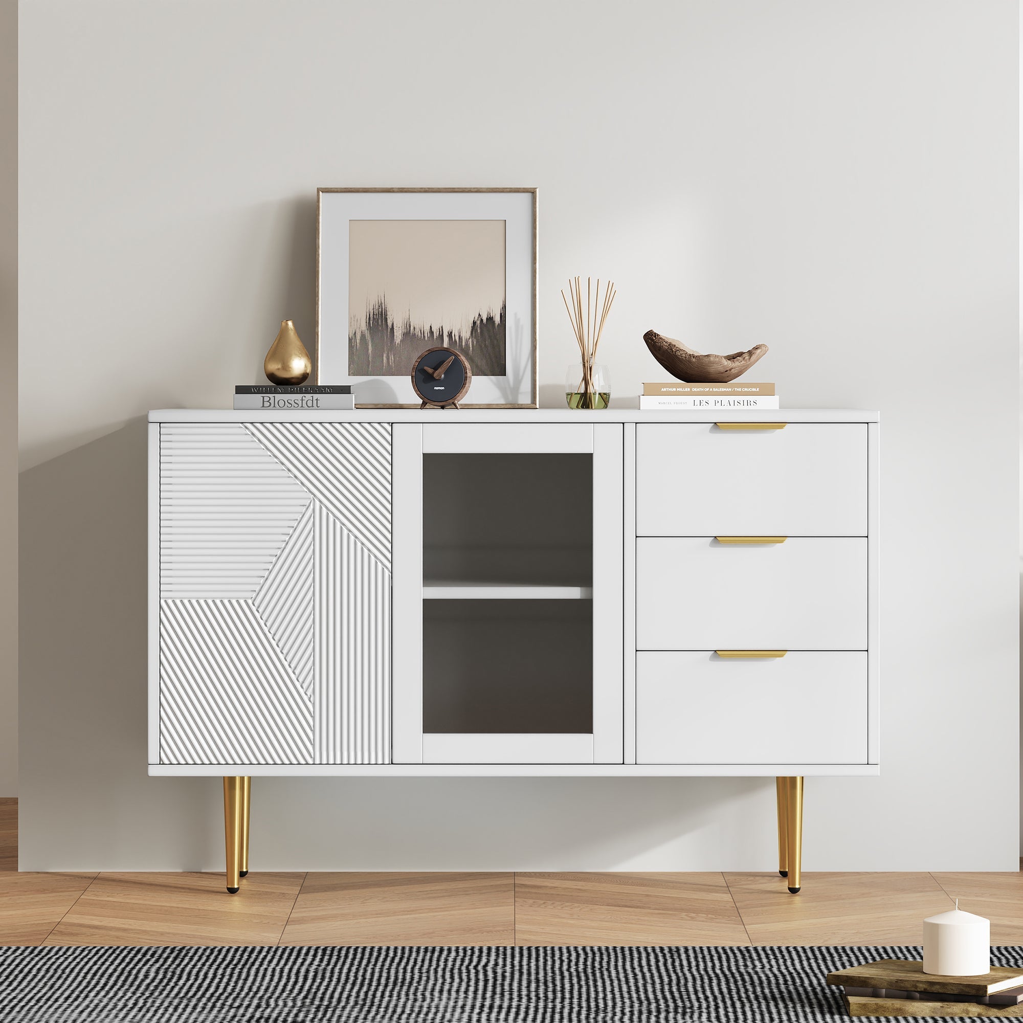 Logidon ladekast wit met 3 lades en 2 glazen deuren 120x38x79,5 cm