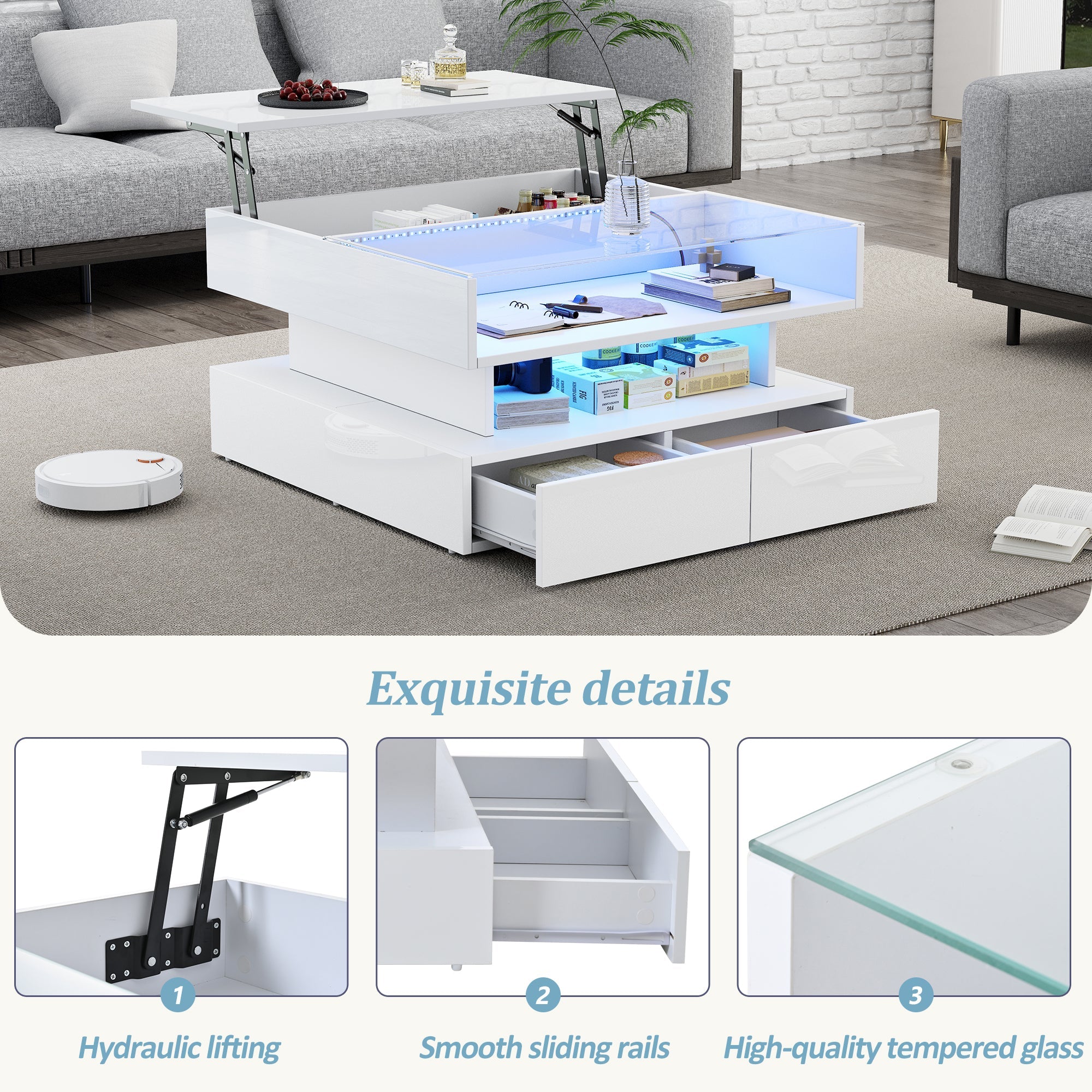 Logidon In hoogte verstelbare salontafel 80x80 cm witte LED opbergruimte