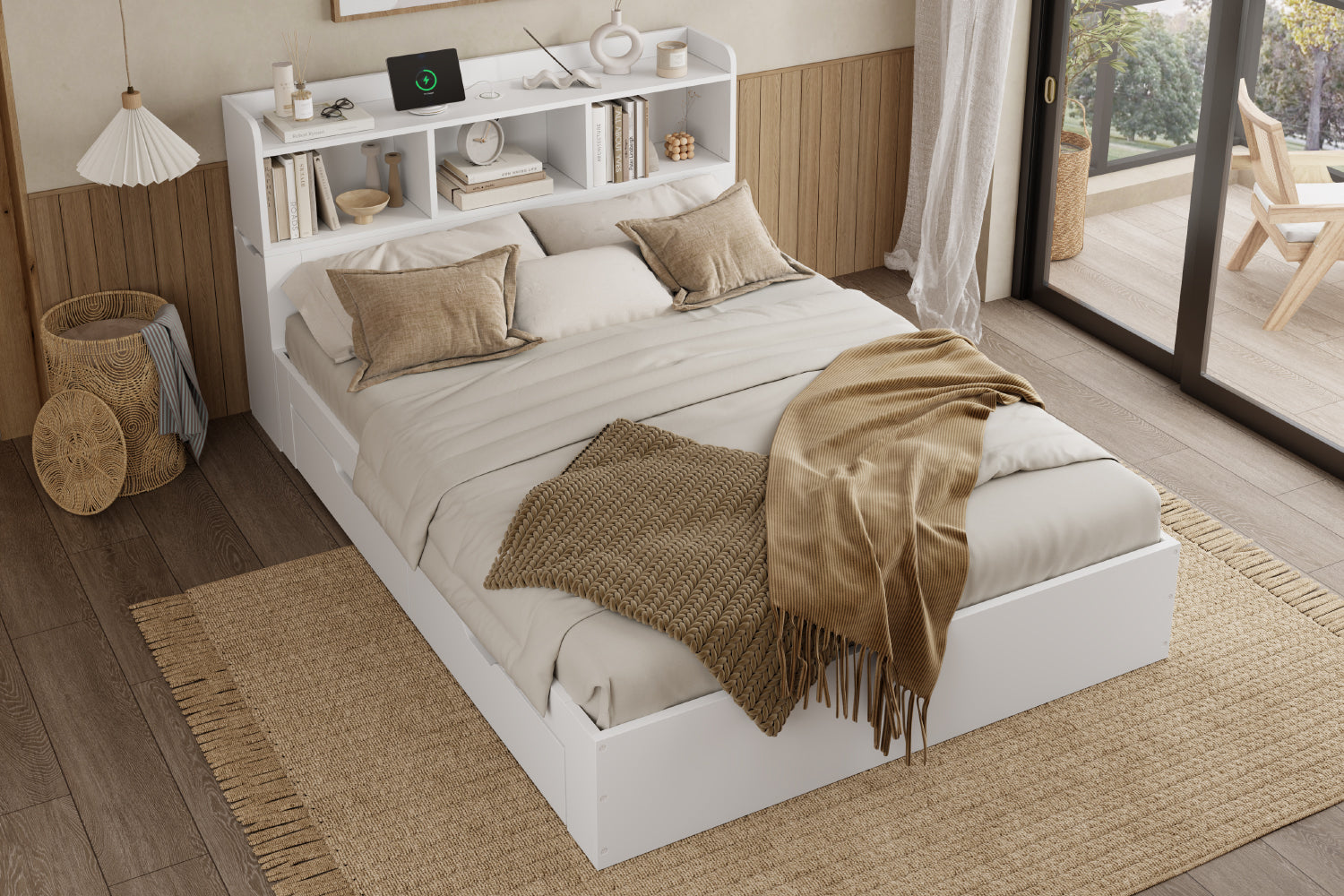 Logidon tweepersoonsbed 140x200 wit met lattenbodem uitschuifbare nachtkastjes