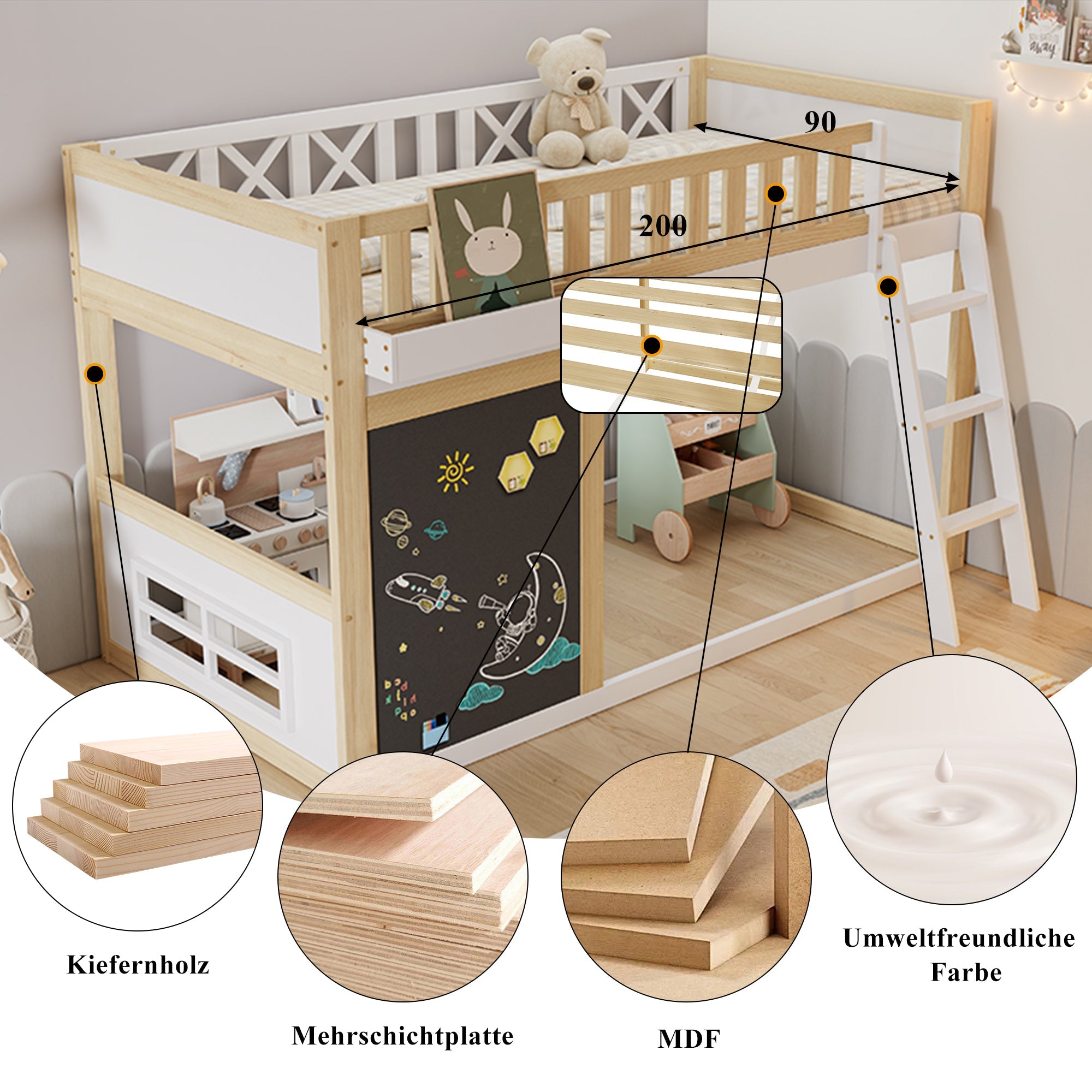 Logidon Kinderhoogslaper 90x200 met plankruimte en opbergruimte wit-naturel