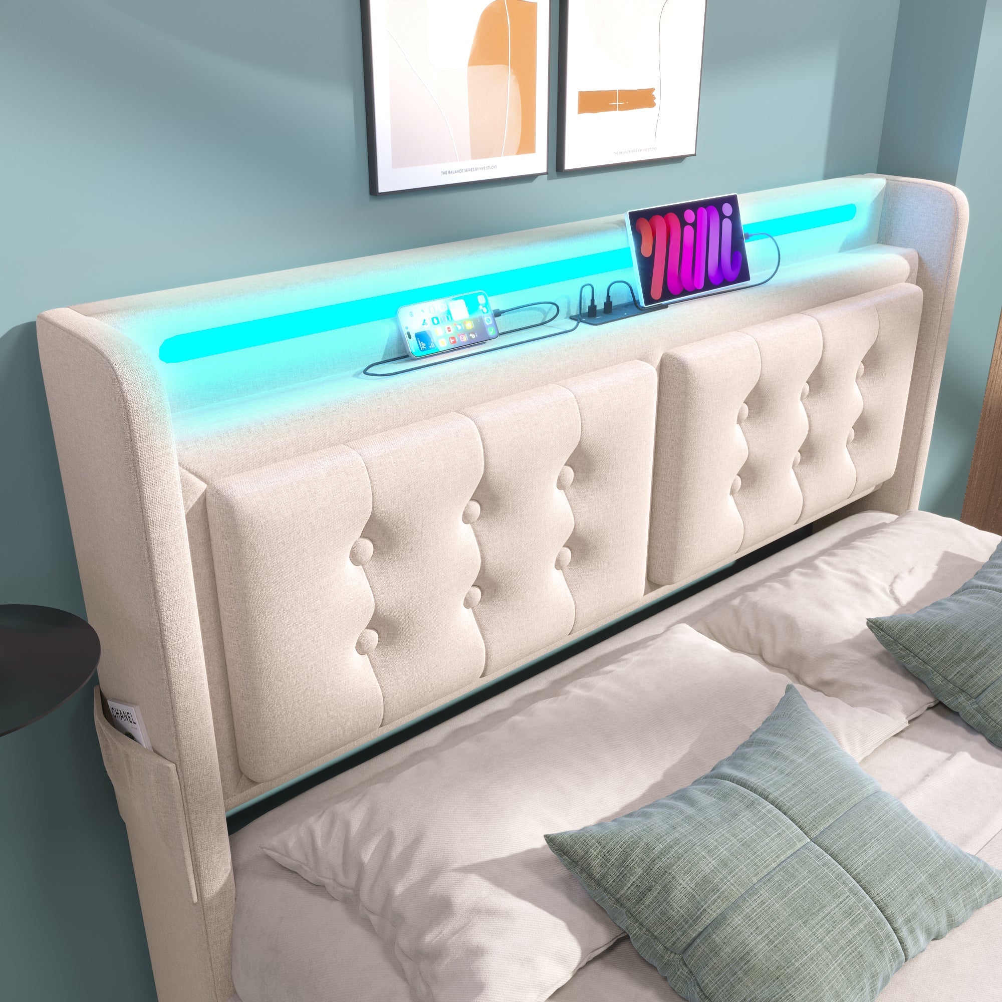 Logidon gestoffeerd bed 140x200 met LED-hoofdeinde, USB-C, beige, 4 laden