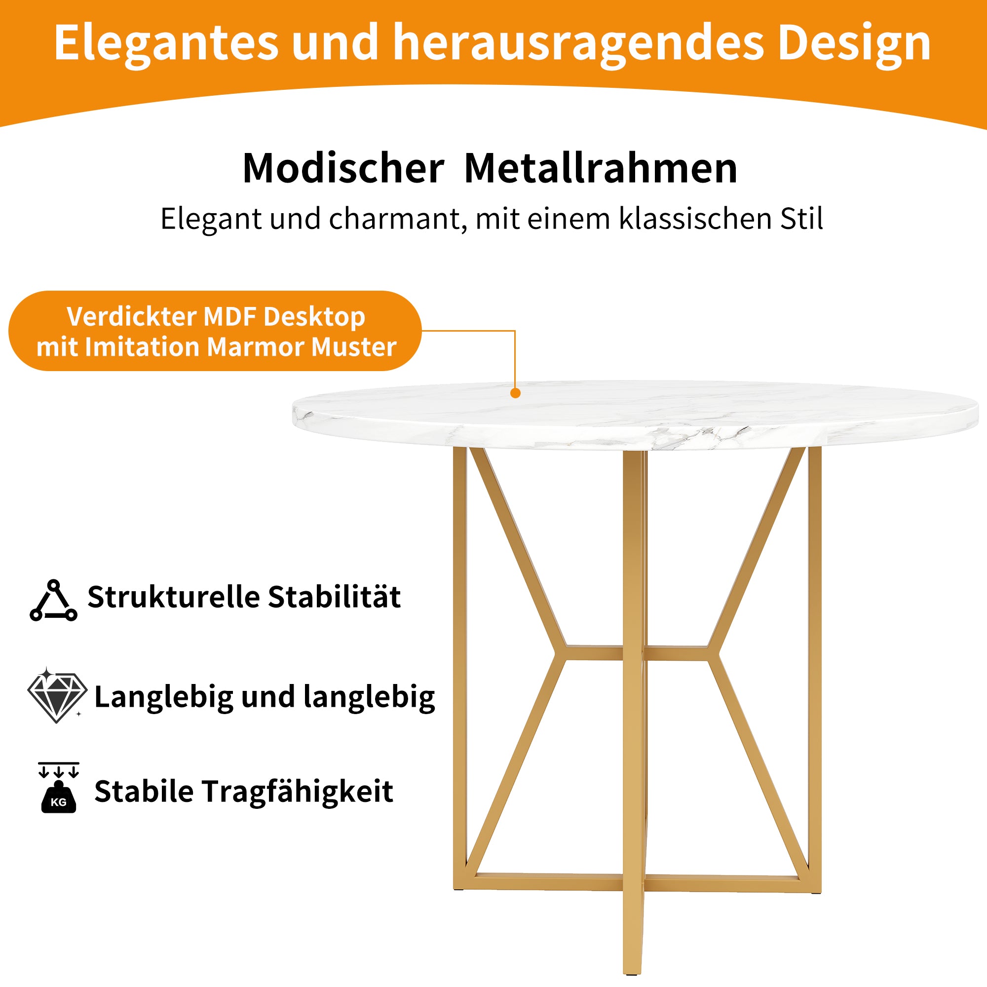 Logidon ronde eettafel 80x80 cm marmerlook gouden poten 4-6 personen