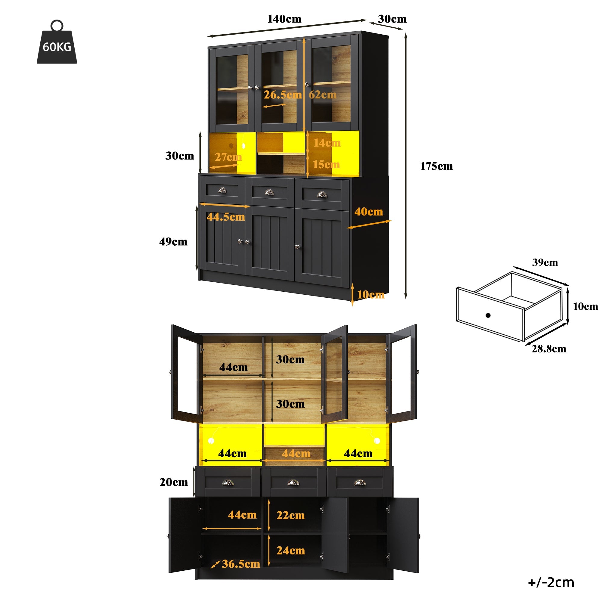 Logidon keukenkast 140x40x175 LED verlichting wit zwart