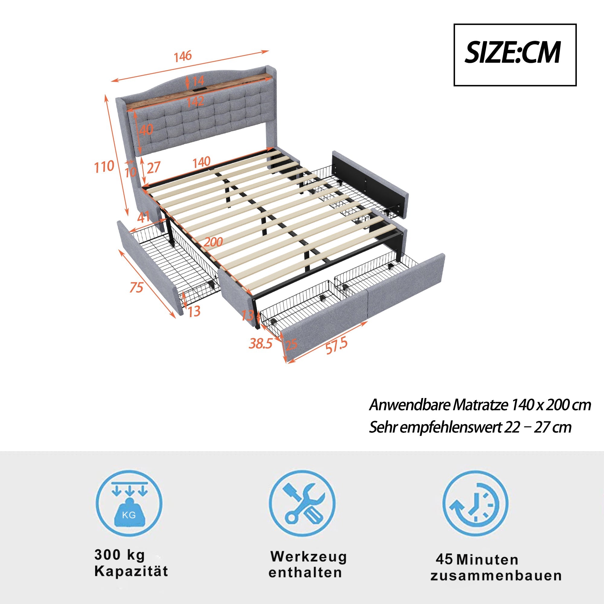 Logidon gestoffeerd bed 140x200 grijs linnen met USB-oplaadpoort
