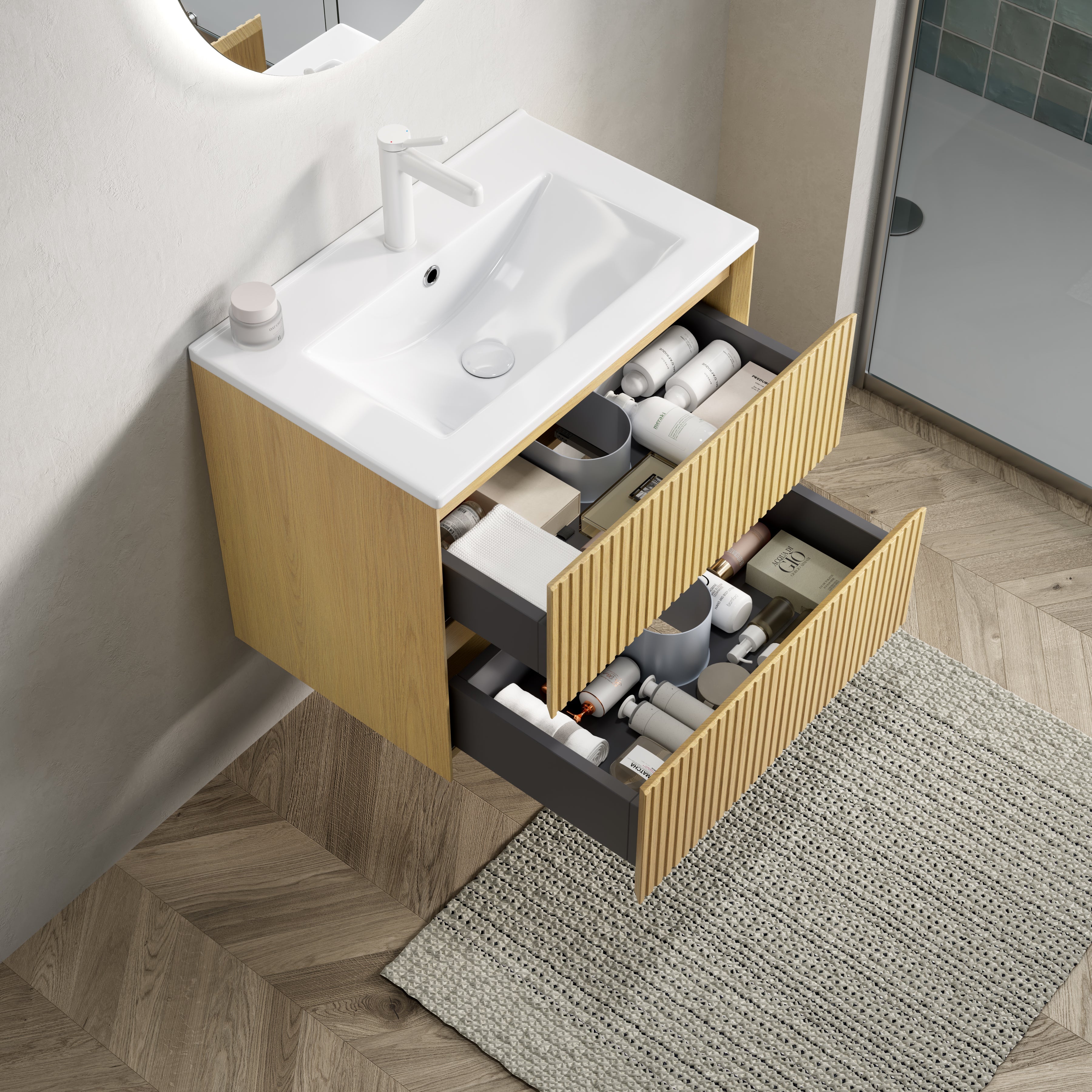 Logidon 61cm Wall Mounted Washbasin Cabinet With 2 Drawers Ceramic