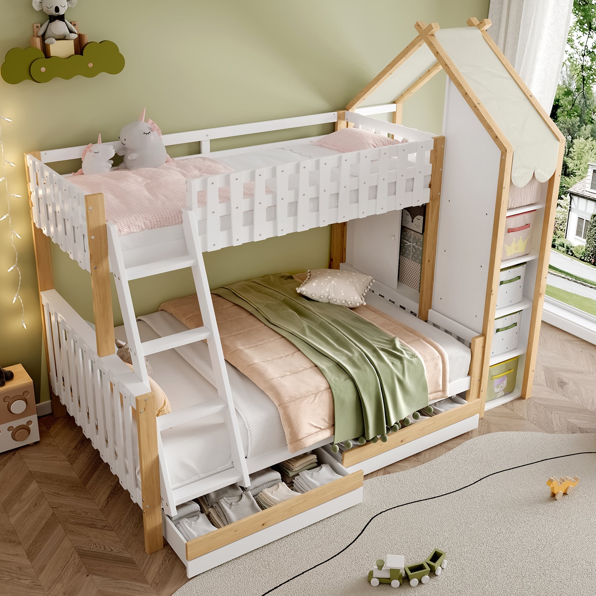 Logidon stapelbed 90x200 en 140x200 wit naturel met 2 lades