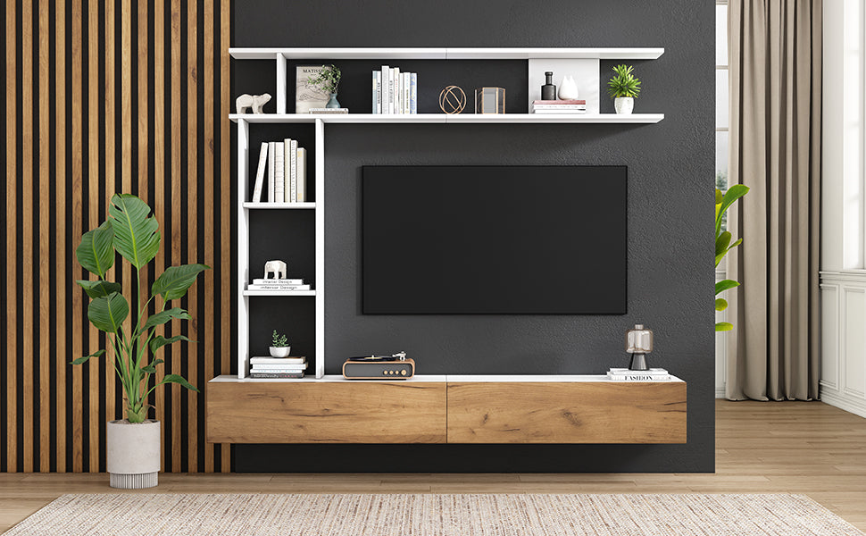Logidon TV wandmeubel 180 cm wit houtlook met vitrinekasten