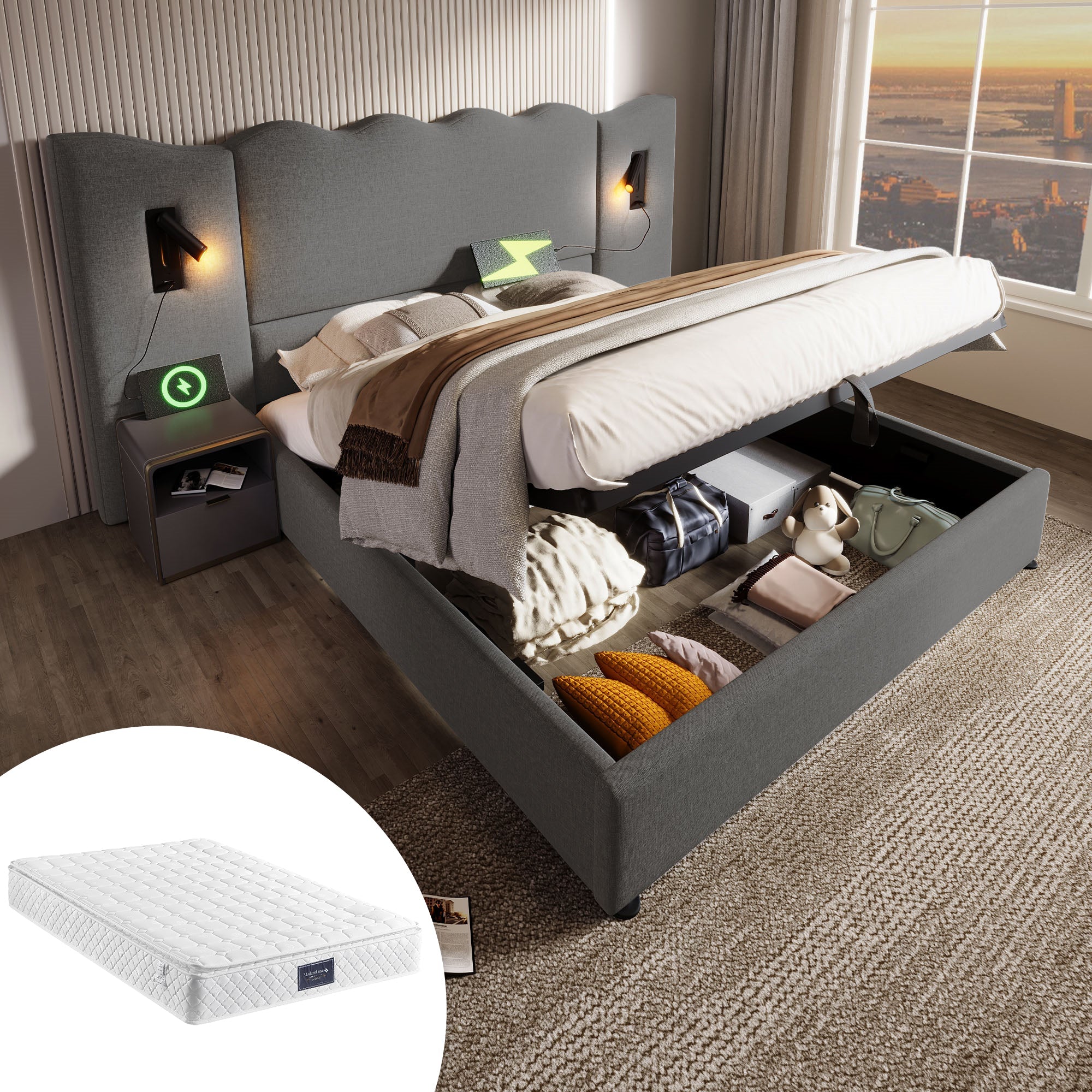 Logidon boxspringbed 160x200 grijs met opbergruimte USB C leeslamp