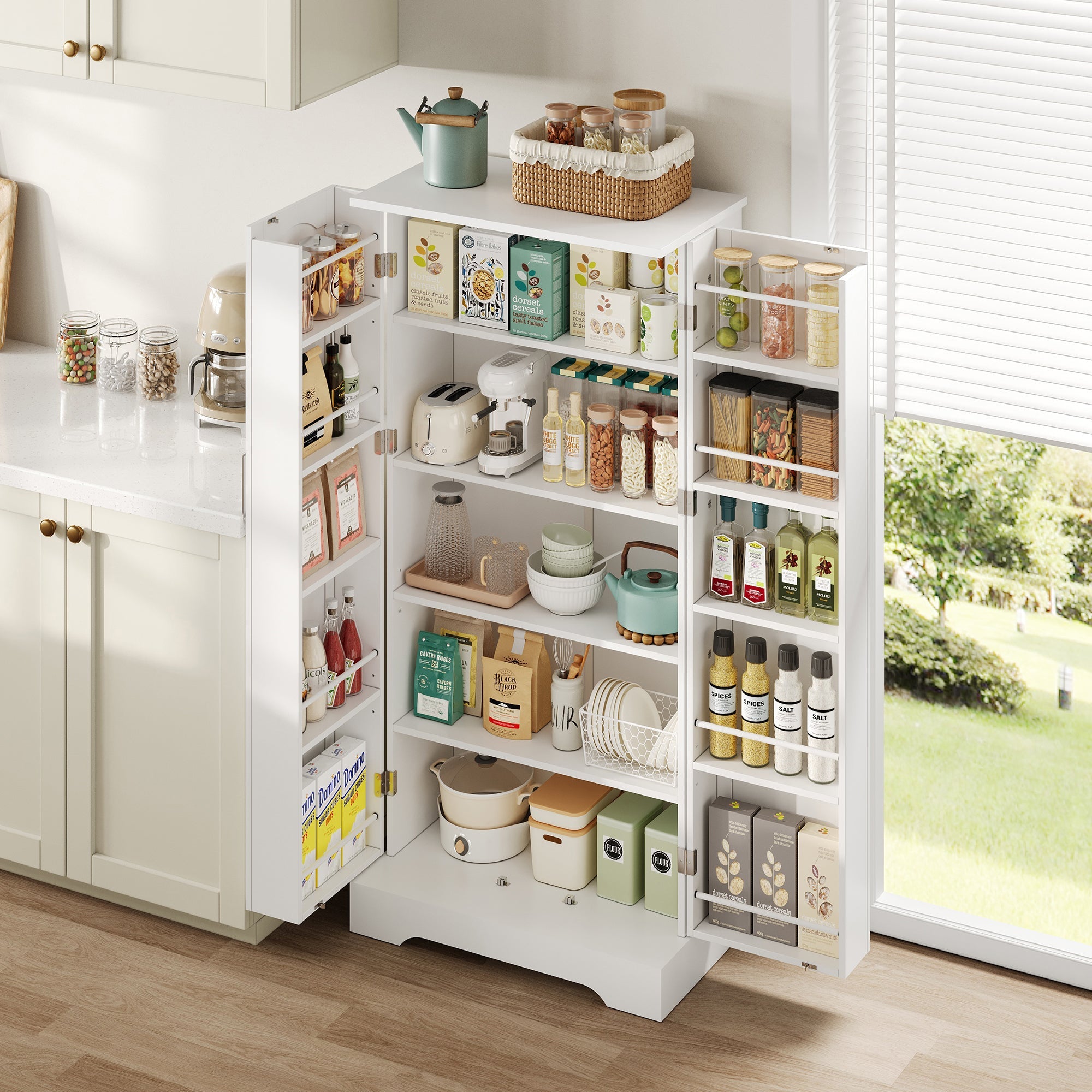 Logidon 60x35x128cm witte keukenkast LED-sensorlicht verstelbare planken