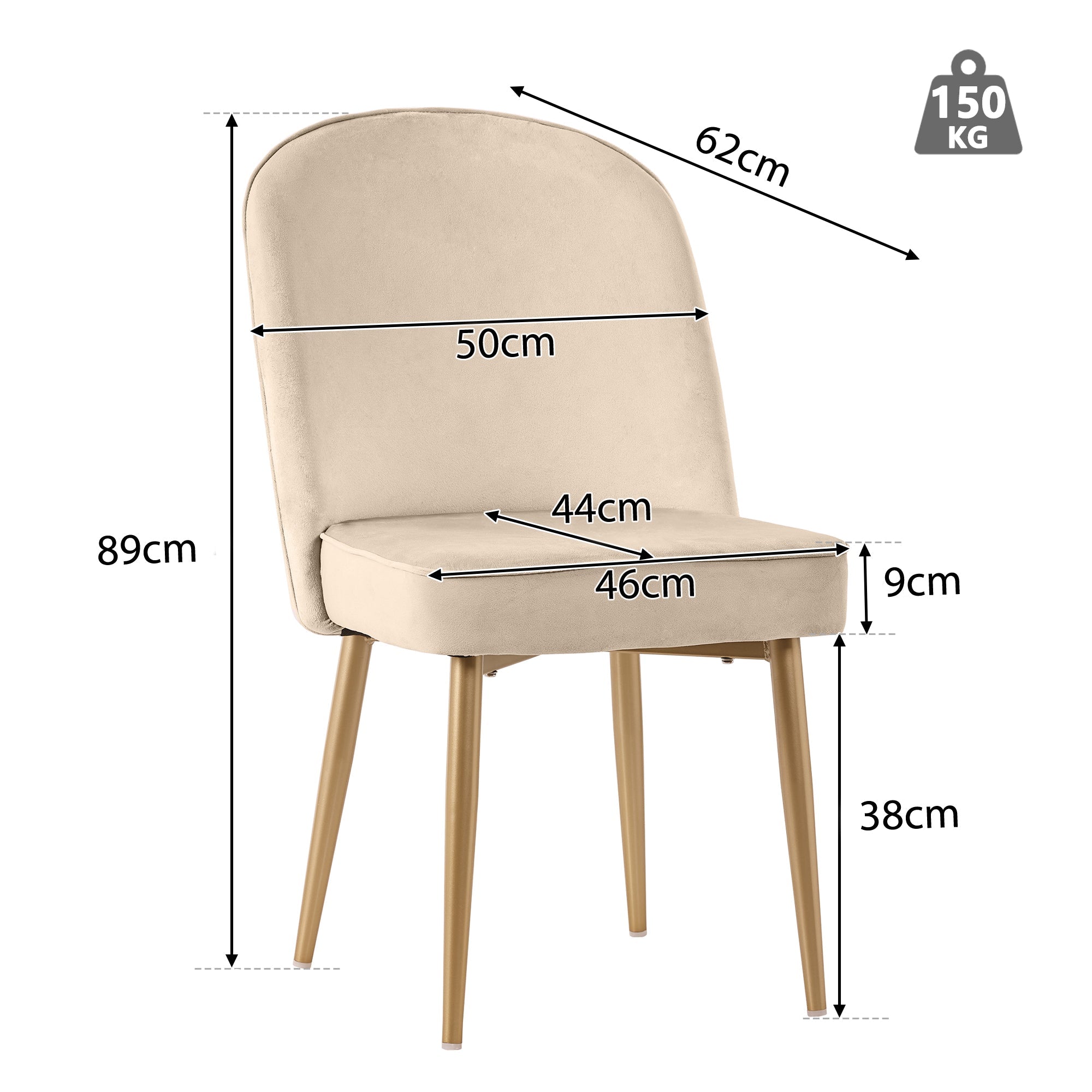 Logidon Set van 2 eetkamerstoelen beige fluweel met gouden poten